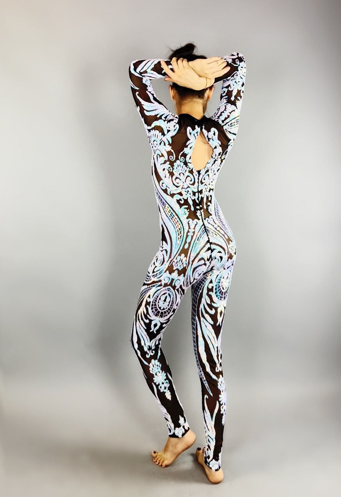 Floral Sequins On Black Catsuit, Mesh Jumpsuit, Scoop Neck, Full Sleeves