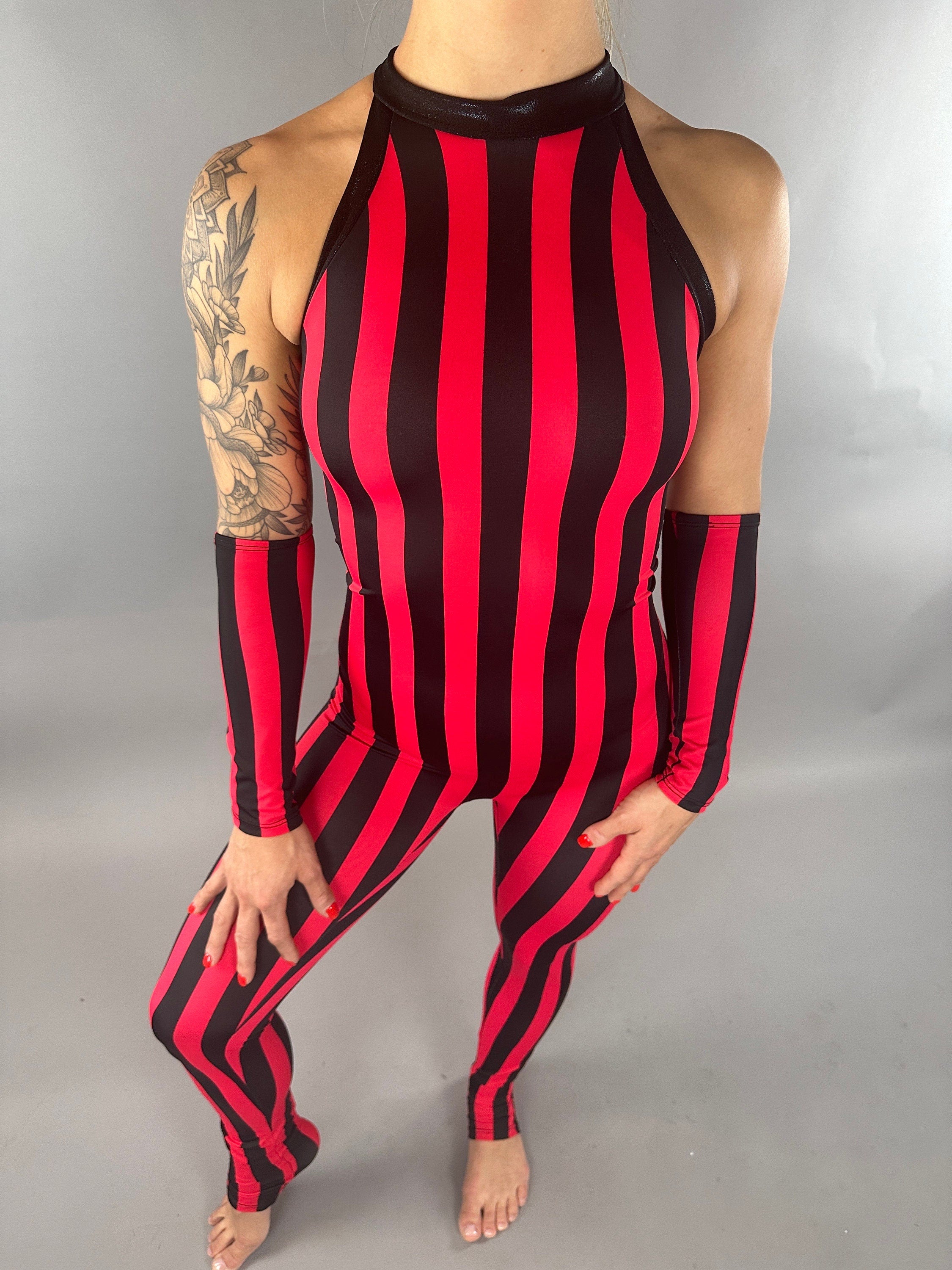 Red and Black Stripes Catsuit, Sleeveless Jumpsuit, Halterneck Full Bodysuit with Hand Accessories