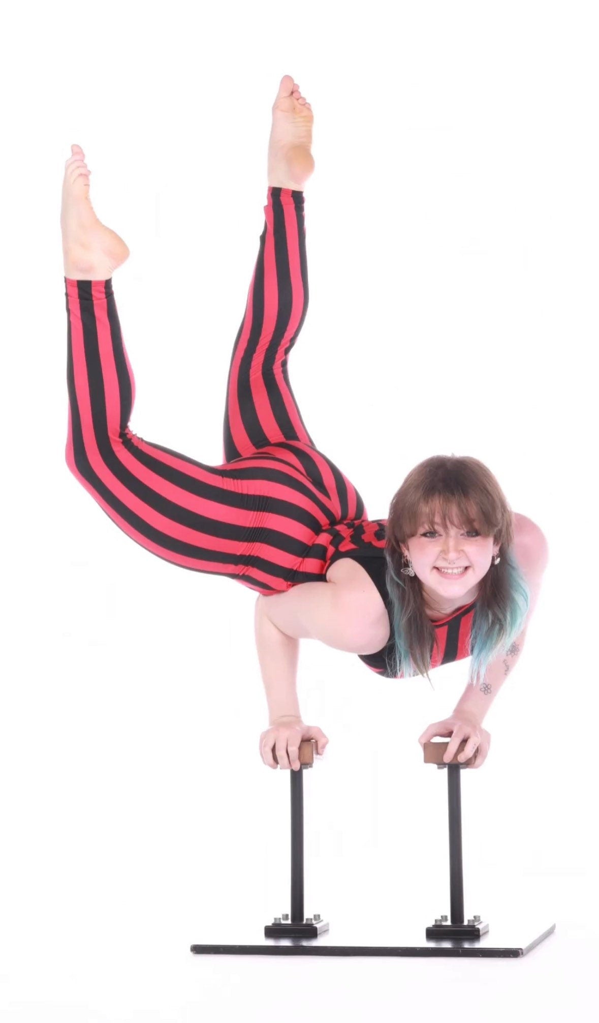 Red and Black Stripes Catsuit, Sleeveless Jumpsuit, Halterneck Full Bodysuit with Hand Accessories