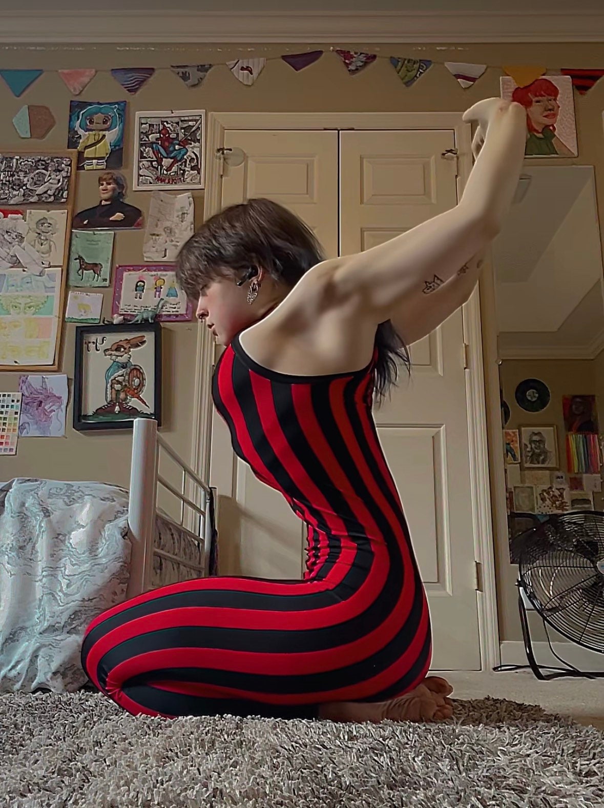Red and Black Stripes Catsuit, Sleeveless Jumpsuit, Halterneck Full Bodysuit with Hand Accessories