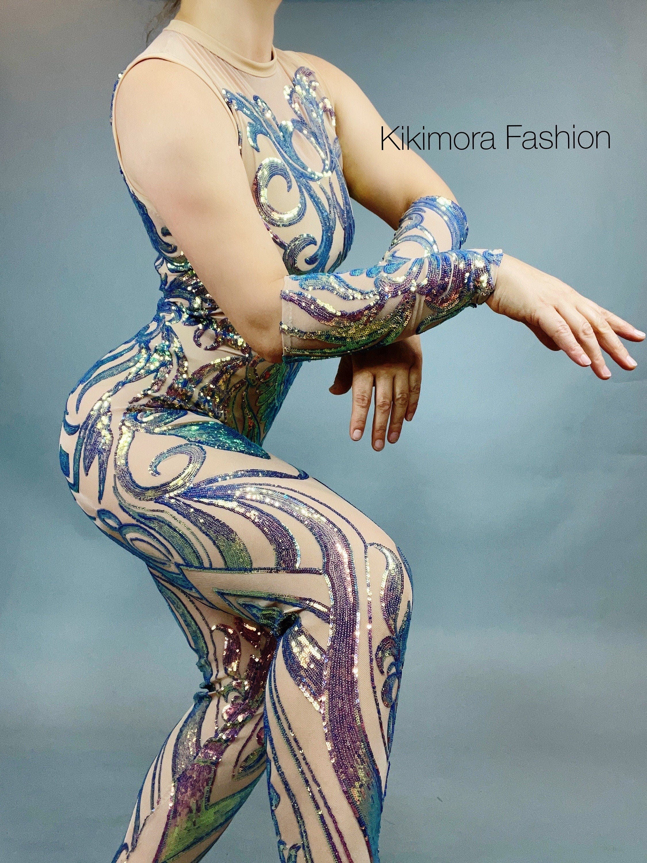 Iridescent Sequin Skintone Catsuit, Halterneck, Sleeveless