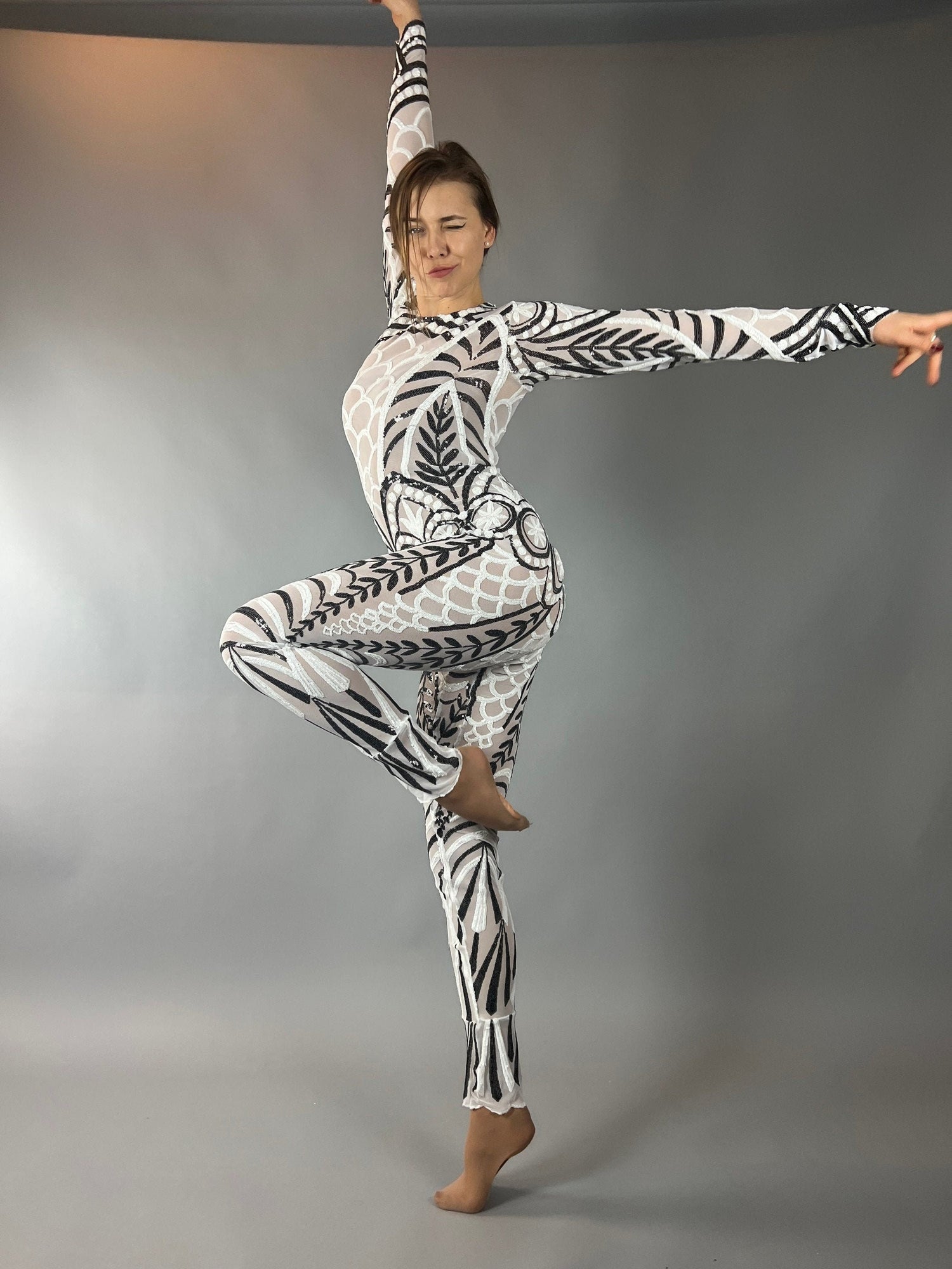 Black and White Sequin Catsuit, Scoop Neck, Full Sleeves