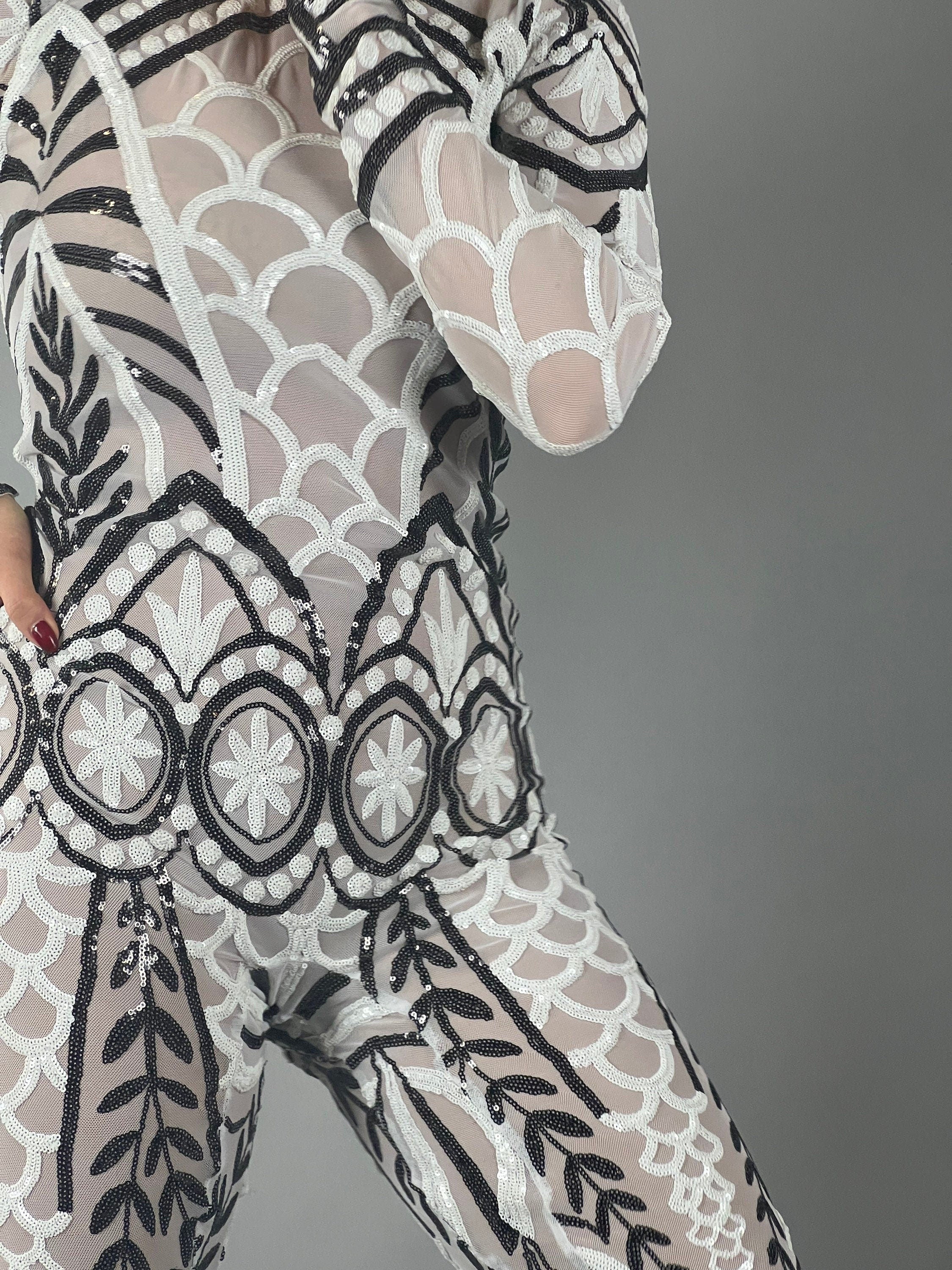 Black and White Sequin Catsuit, Scoop Neck, Full Sleeves
