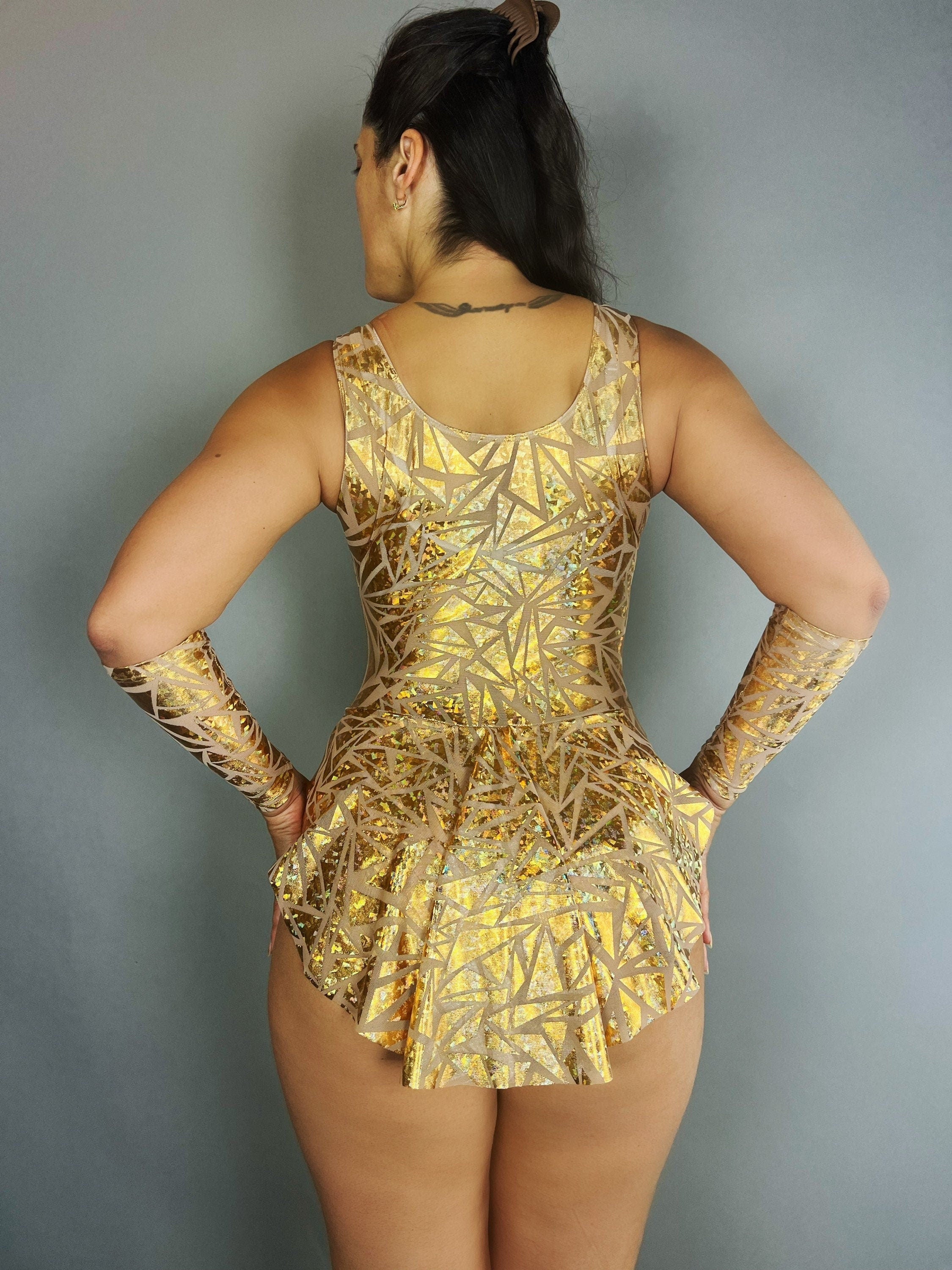Gold Sparkle Leotard With Skirt, Sleeveless, Hand Accessories
