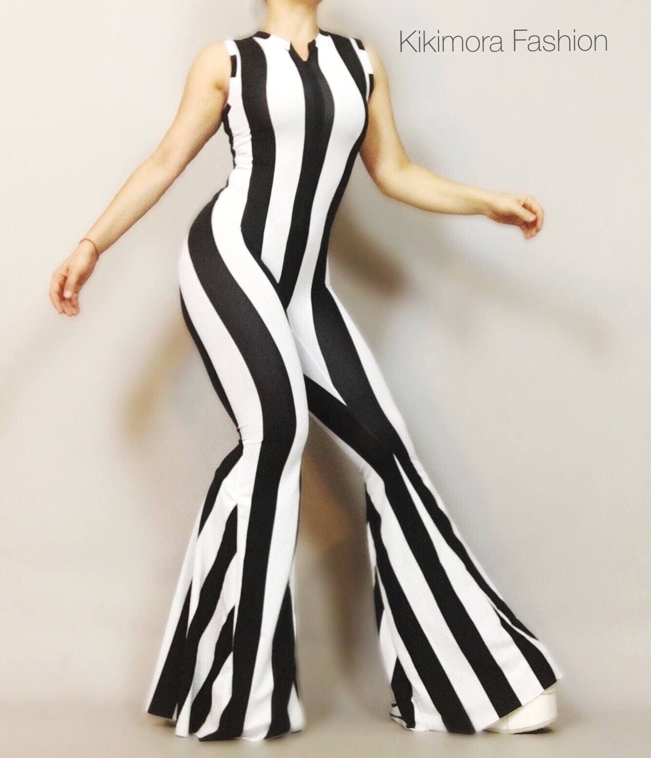 Black and White Stripes Bell Bottom Catsuit, Front Zipper, Sleeveless