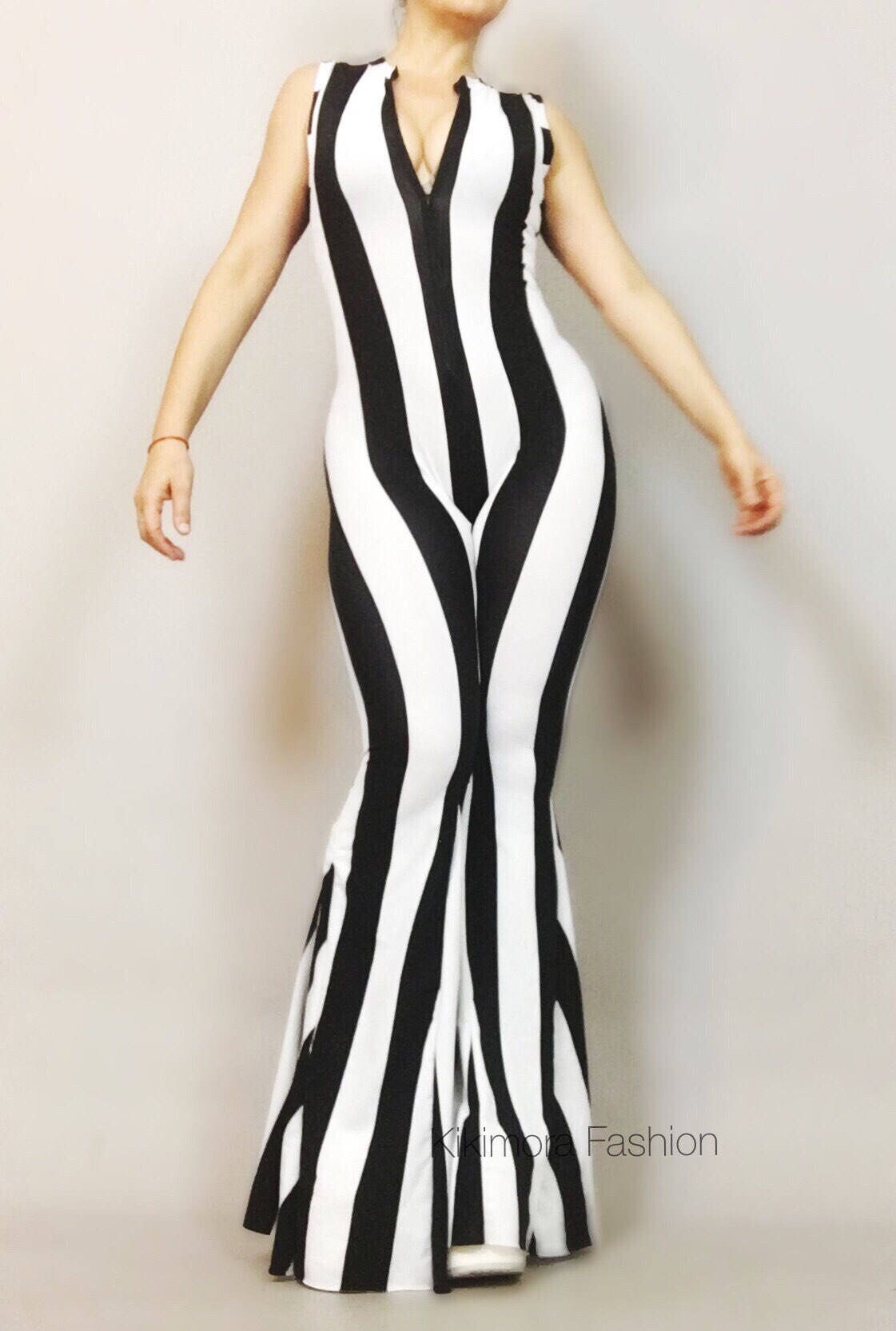 Black and White Stripes Bell Bottom Catsuit, Front Zipper, Sleeveless
