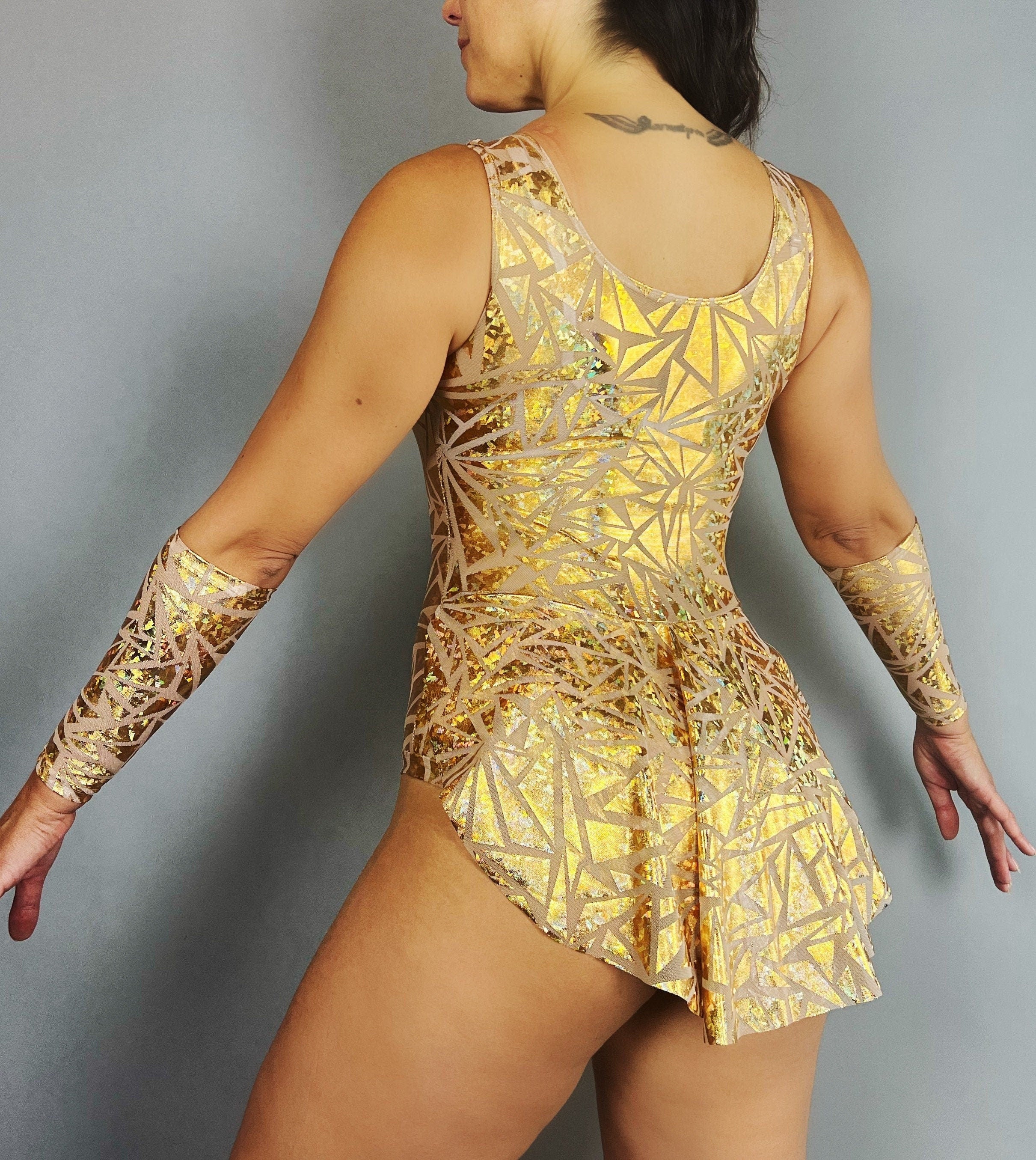 Gold Sparkle Leotard With Skirt, Sleeveless, Hand Accessories