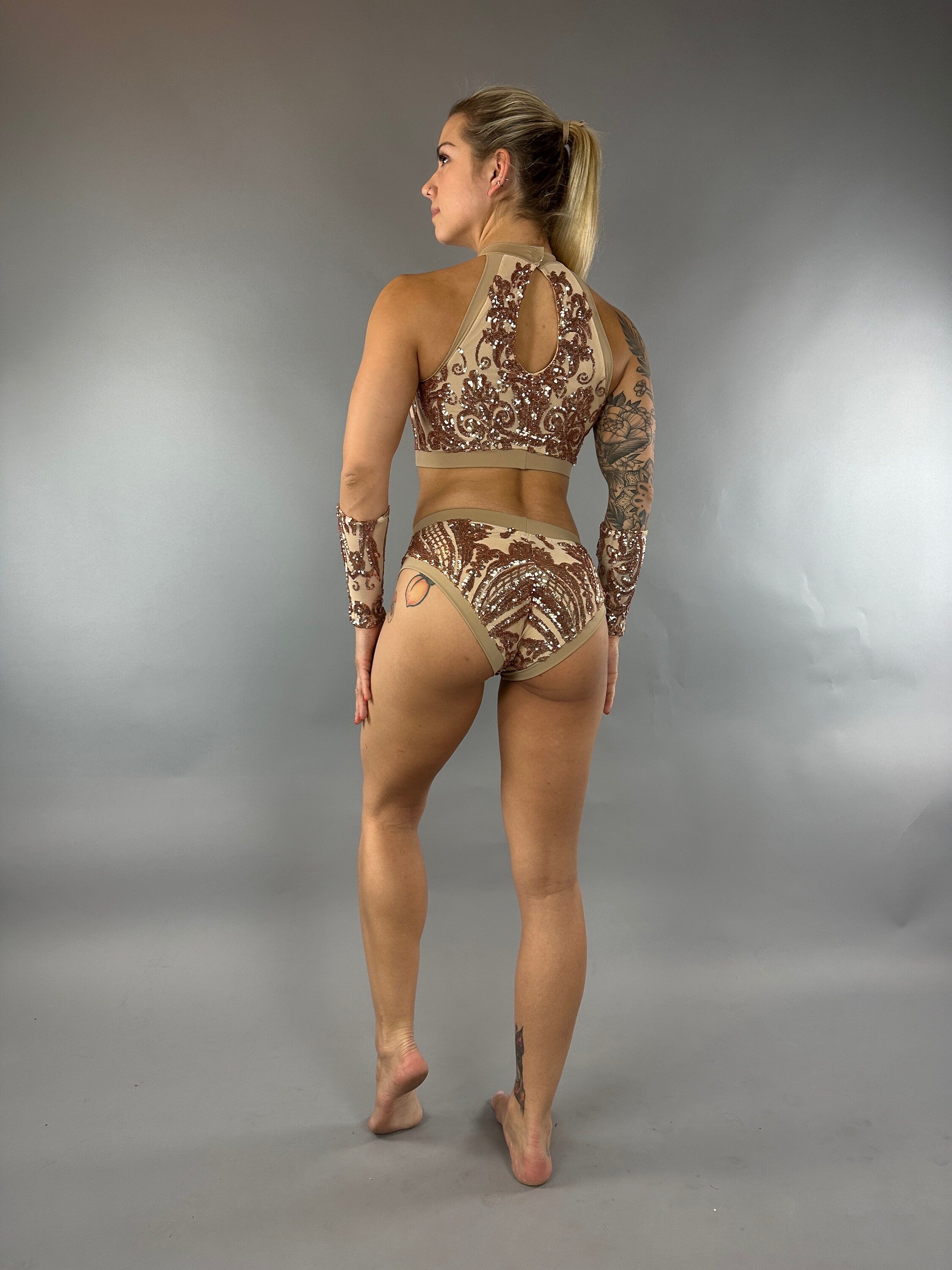 Sequin Crop Top and Bottom Set, Halterneck Crop Top, Shorts, Handcuffs