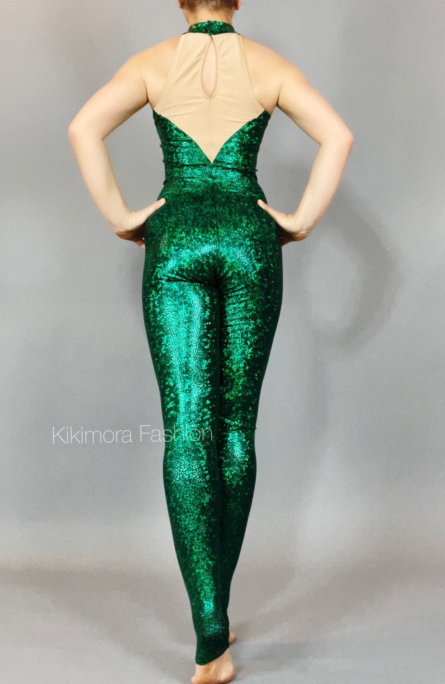 Shiny Green Catsuit, Mesh Jumpsuit, Backless, Halterneck, Sleeveless