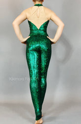 Shiny Green Catsuit, Mesh Jumpsuit, Backless, Halterneck, Sleeveless
