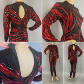 Black and Red Floral Sequins Catsuit, Tear Drop Back Opening, Full Sleeves Jumpsuit