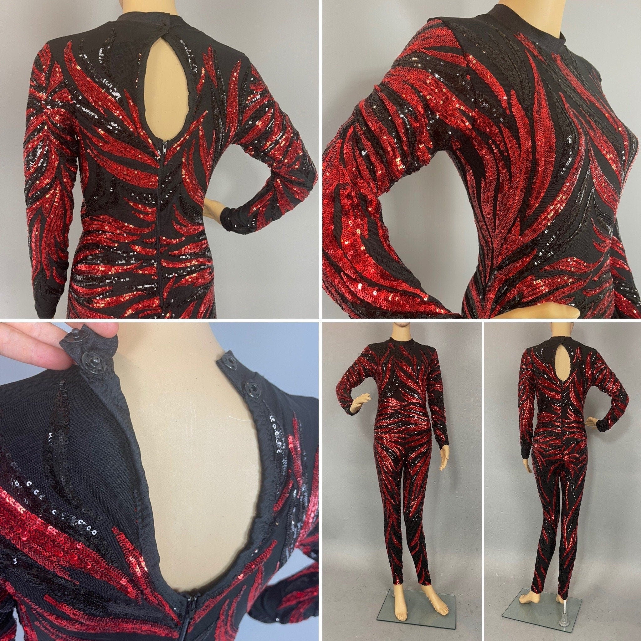 Black and Red Floral Sequins Catsuit, Tear Drop Back Opening, Full Sleeves Jumpsuit