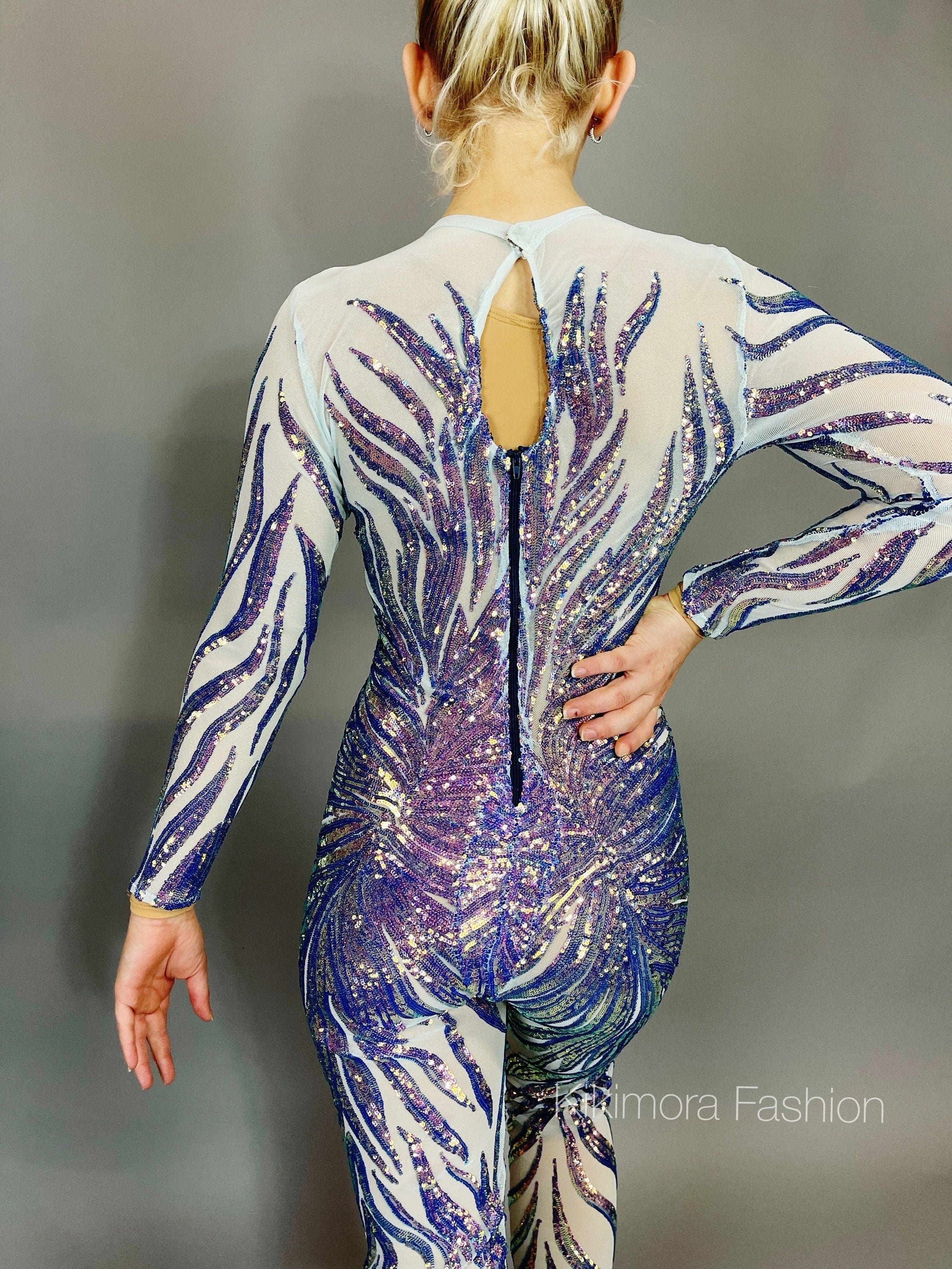 Black and Red Floral Sequins Catsuit, Tear Drop Back Opening, Full Sleeves Jumpsuit