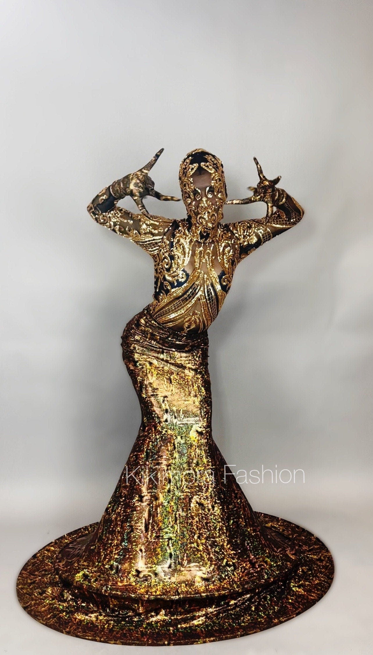 Sequins Catsuit, Headpiece, Gloves, Skirt, Futuristic Clothing, Exotic Dancewear, Circus Party Outfit