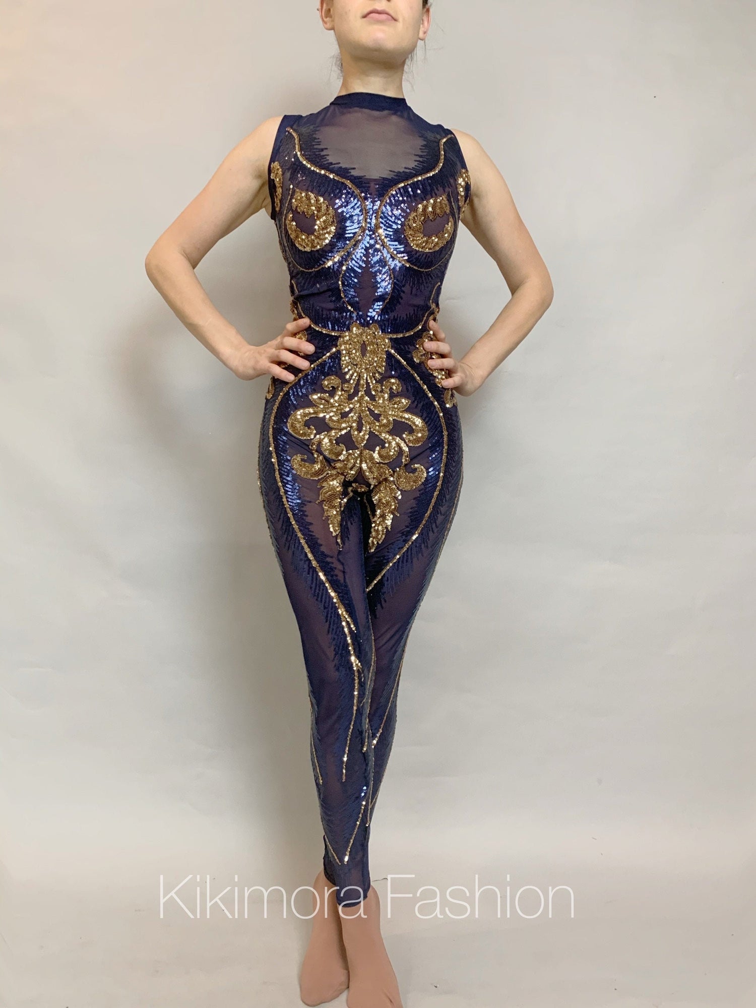 Blue And Gold Sequin Catsuit, Sleeveless, Mock Turtleneck