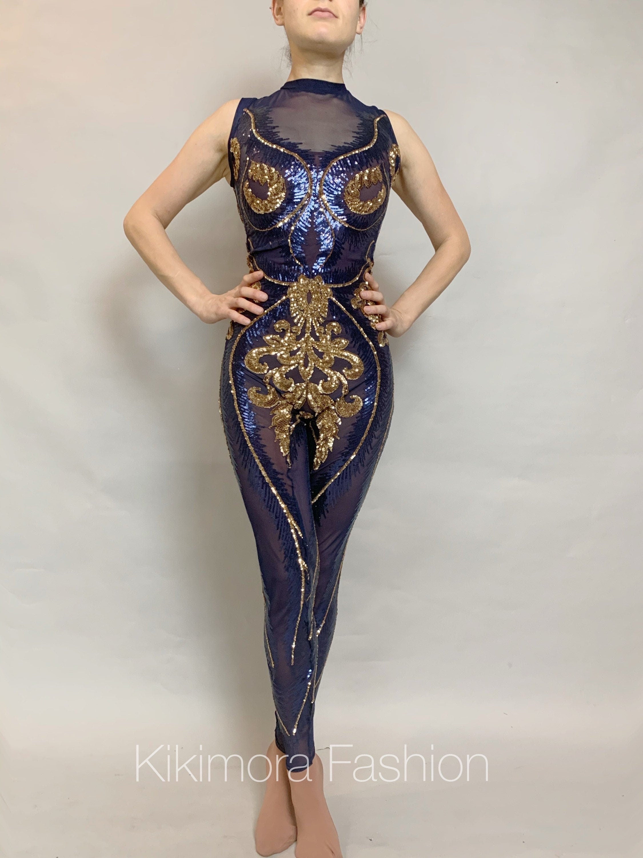 Blue And Gold Sequin Catsuit, Sleeveless, Mock Turtleneck