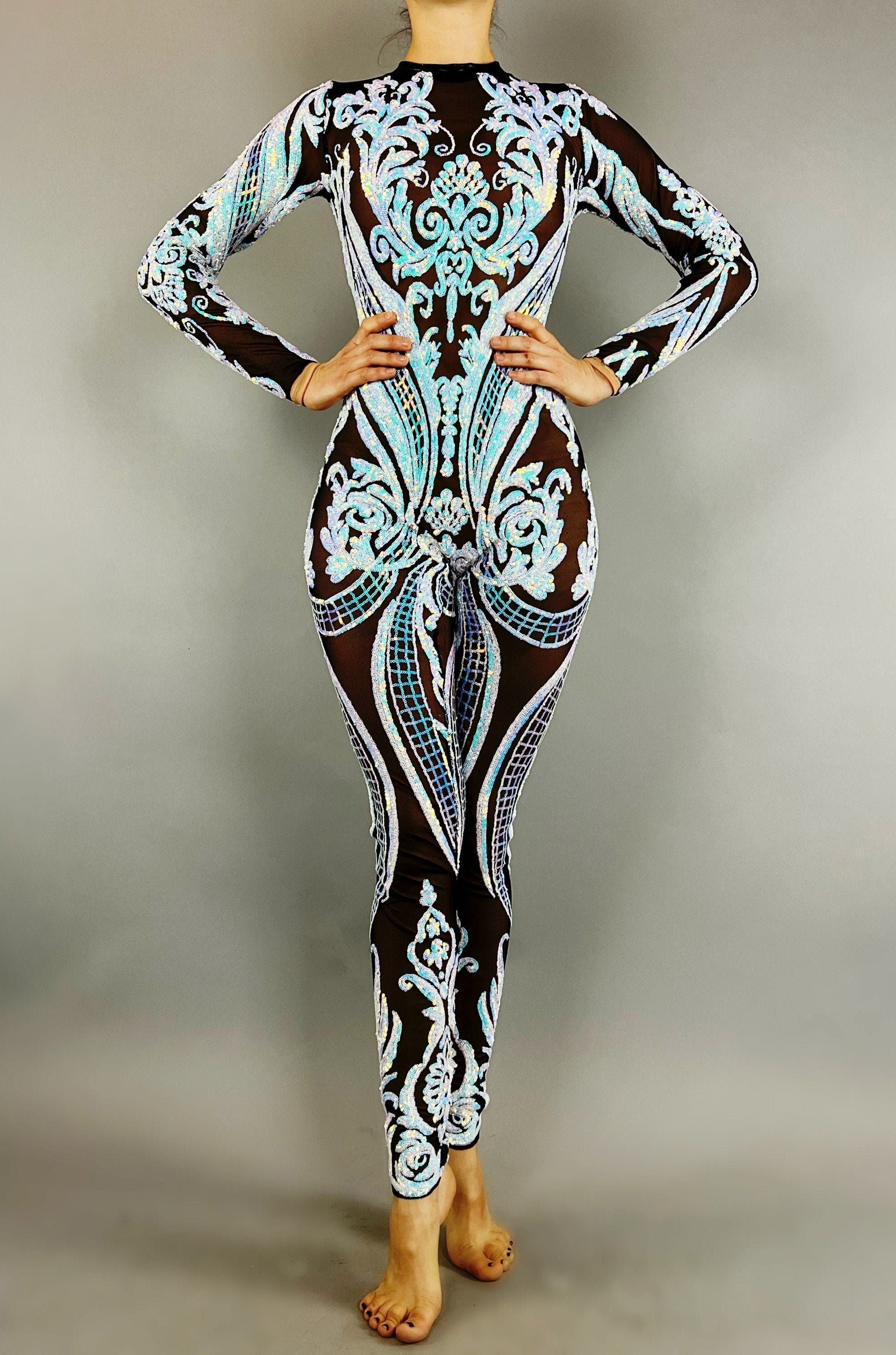 Floral Sequins On Black Catsuit, Mesh Jumpsuit, Scoop Neck, Full Sleeves