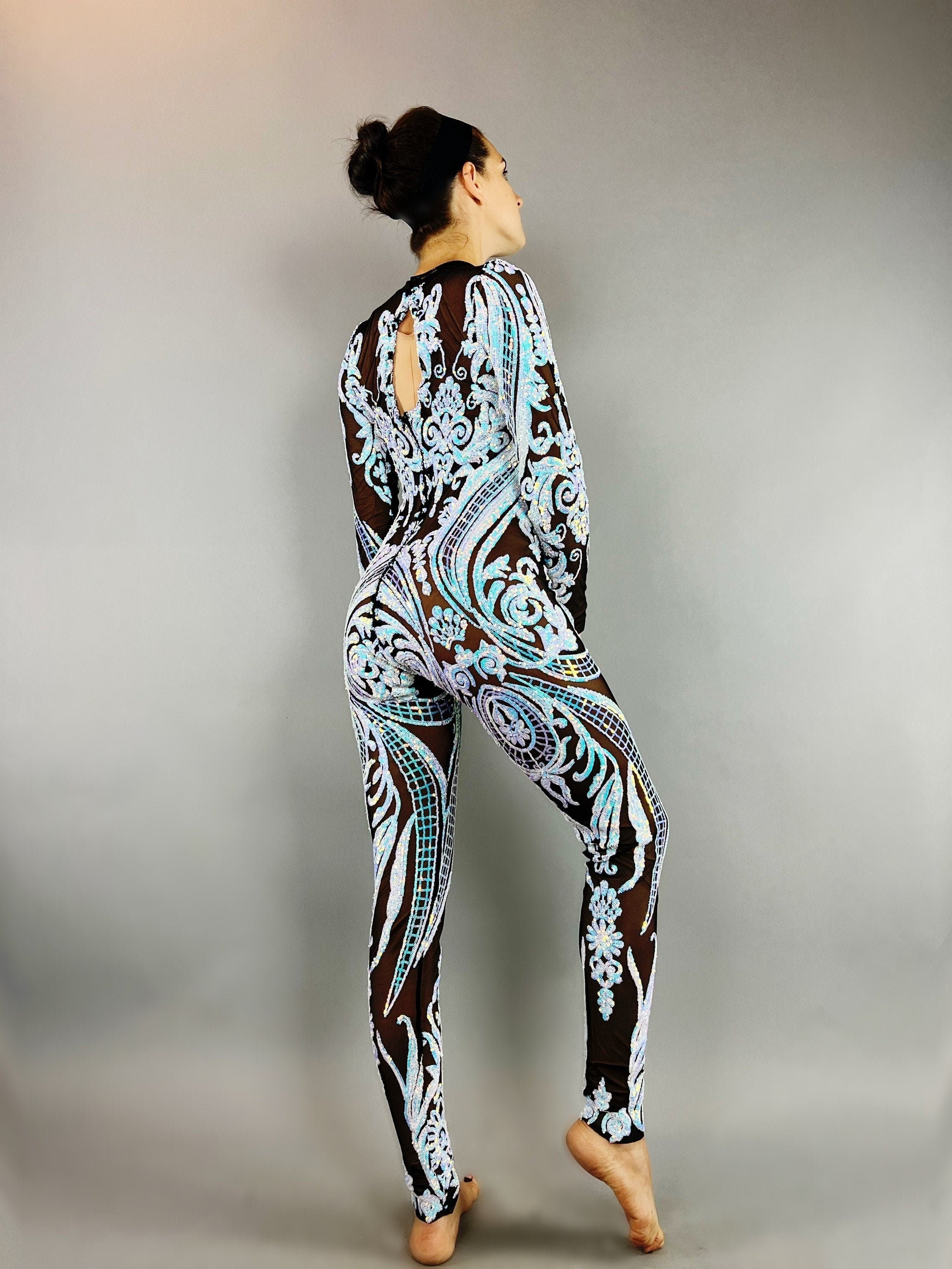 Floral Sequins On Black Catsuit, Mesh Jumpsuit, Scoop Neck, Full Sleeves