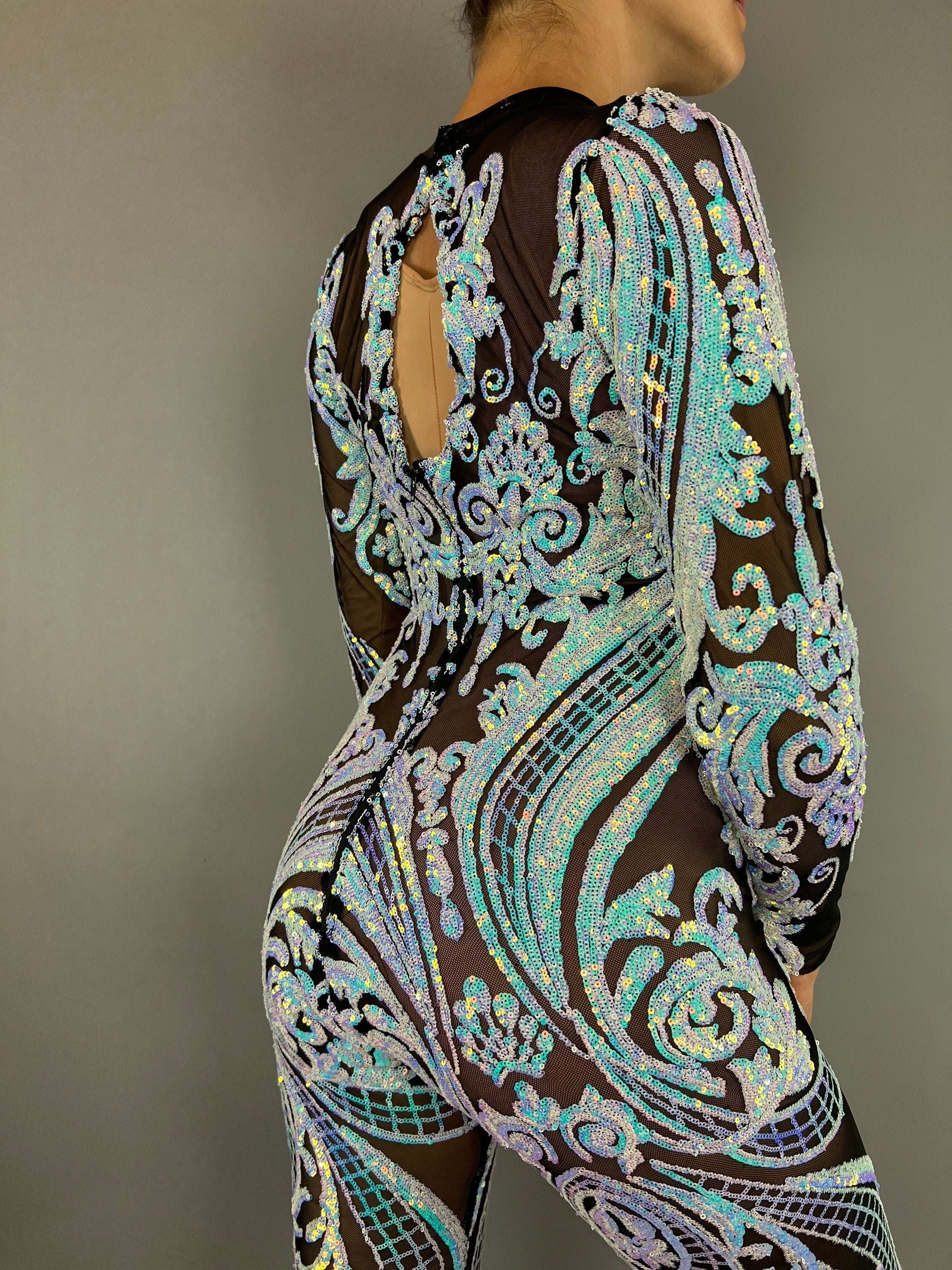 Floral Sequins On Black Catsuit, Mesh Jumpsuit, Scoop Neck, Full Sleeves