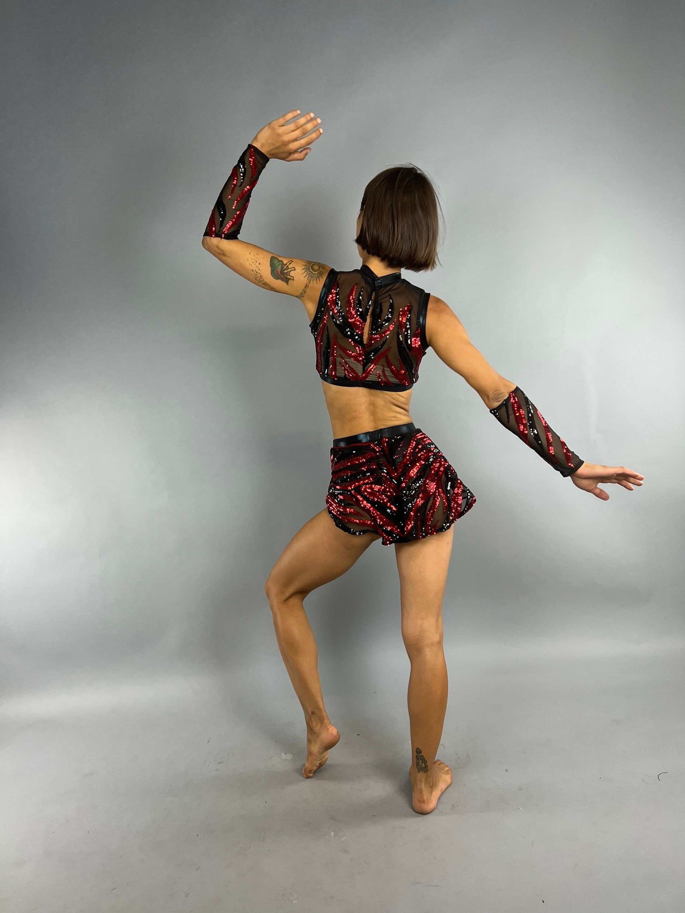 Black and Red Sequin Crop Top and Bottom Set, Shorts with Half-Skirt, Hand Accessories