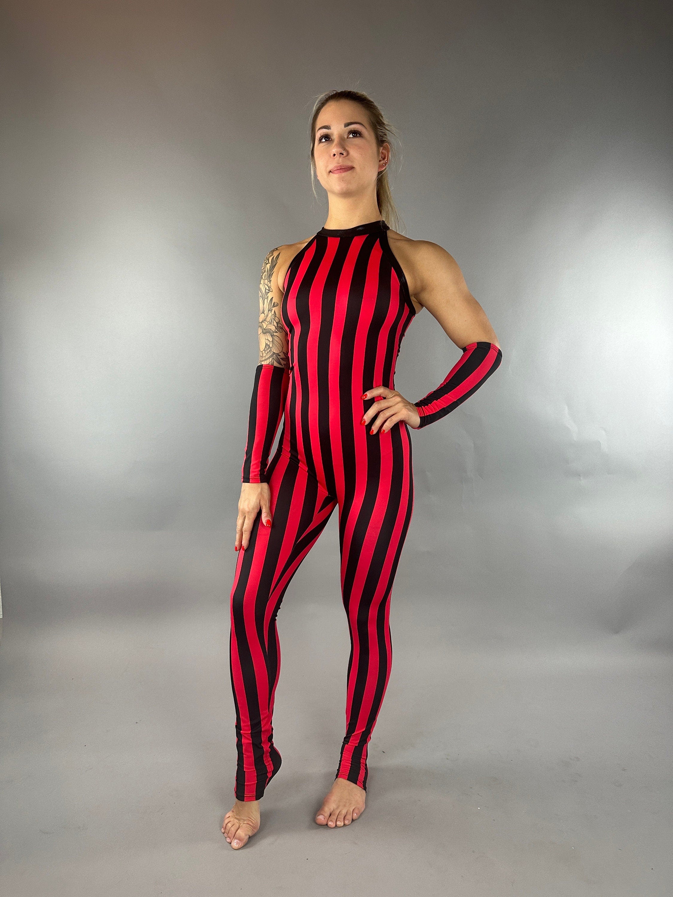 Red and Black Stripes Catsuit, Sleeveless Jumpsuit, Halterneck Full Bodysuit with Hand Accessories