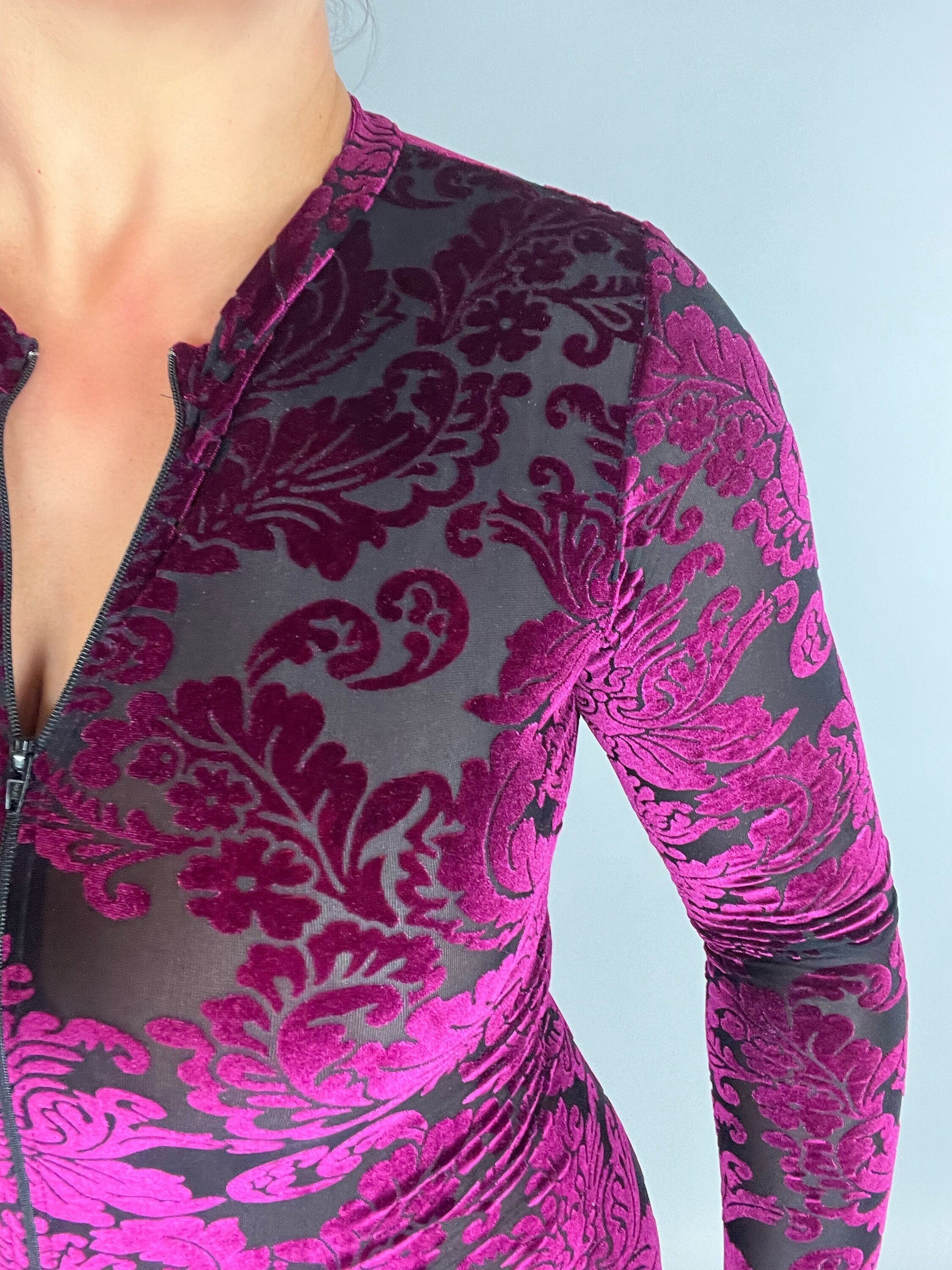 Burgundy Velvet Catsuit, Elegant Catsuit, Exotic Dancewear, Sheer Clothing