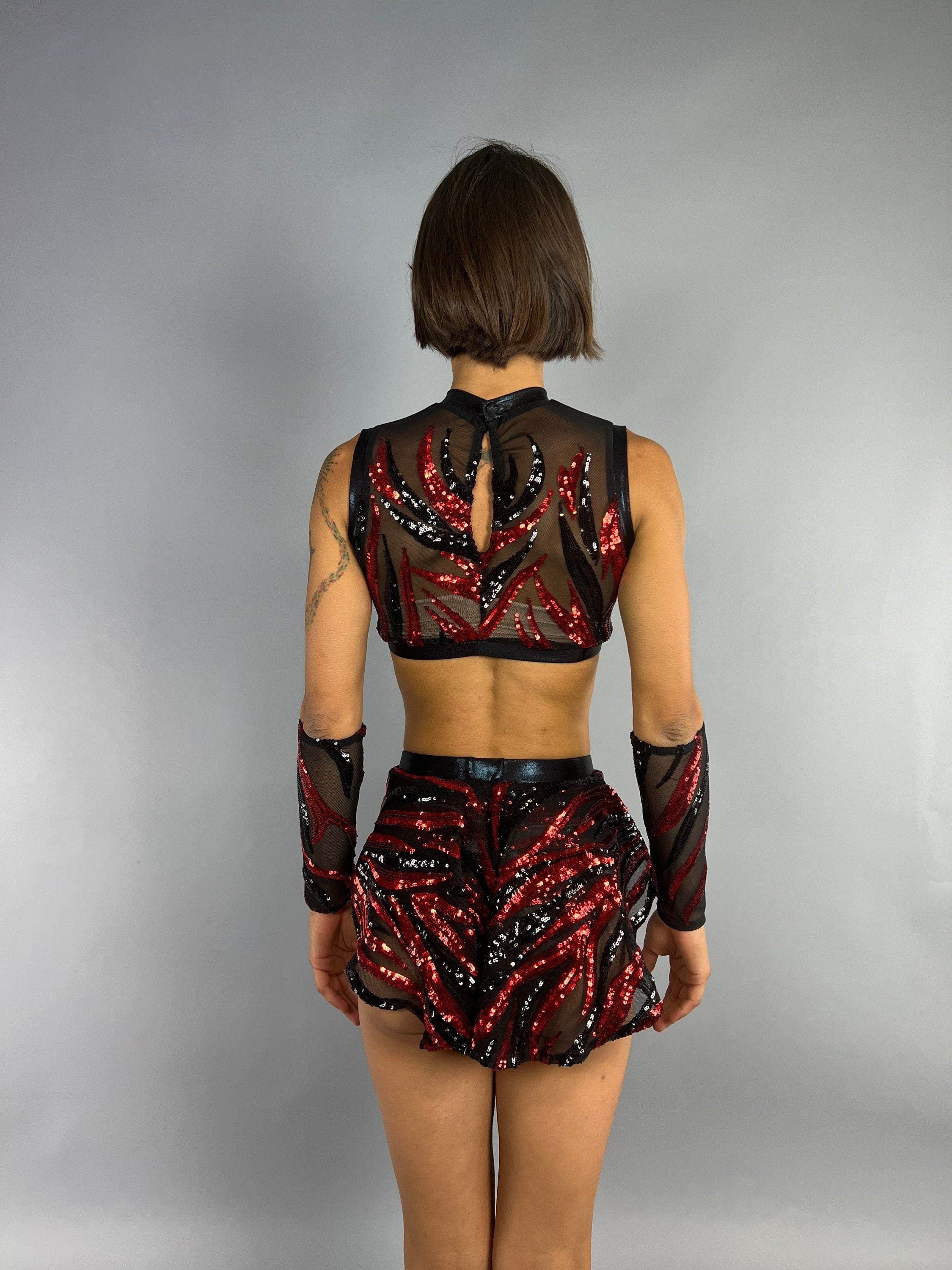 Black and Red Sequin Crop Top and Bottom Set, Shorts with Half-Skirt, Hand Accessories