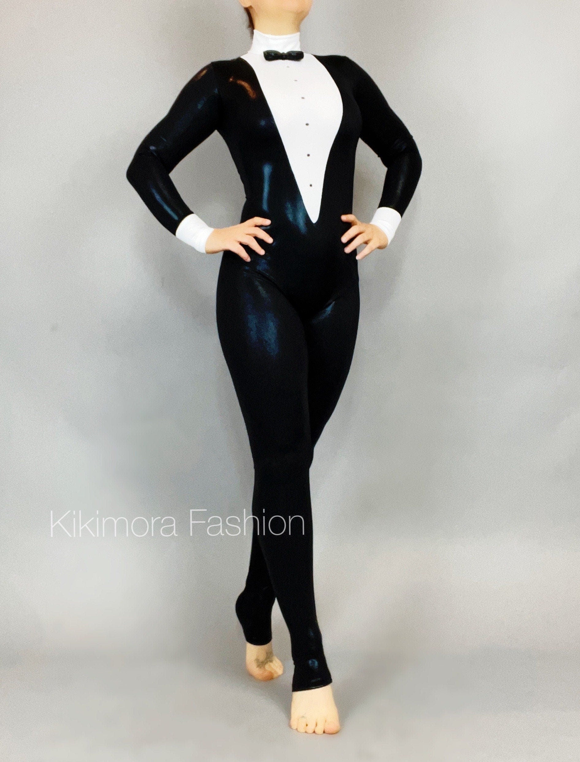 Unisex Black and White Tuxedo Catsuit, Full Sleeves Stagewear, Turtleneck, Bow