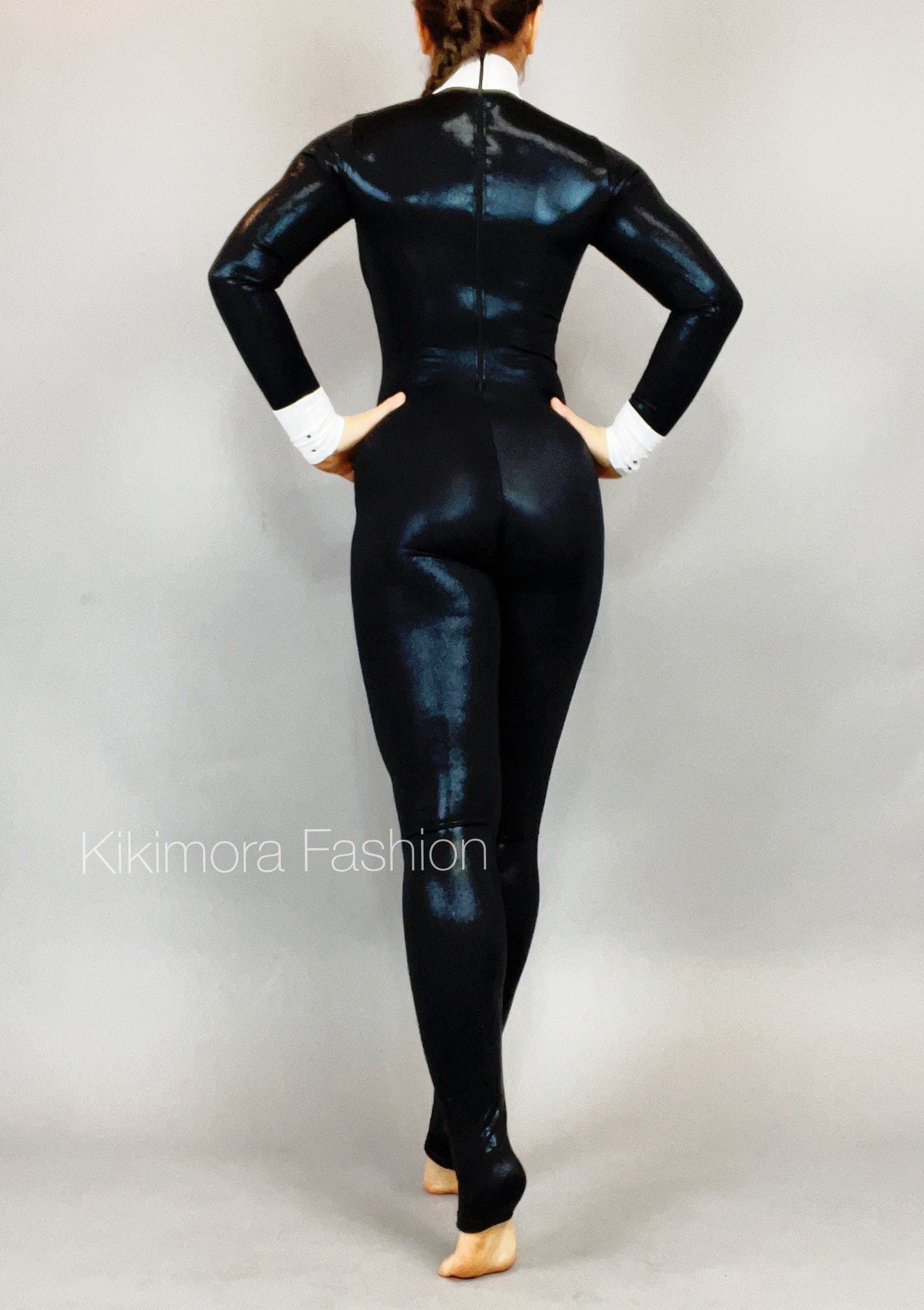 Unisex Black and White Tuxedo Catsuit, Full Sleeves Stagewear, Turtleneck, Bow
