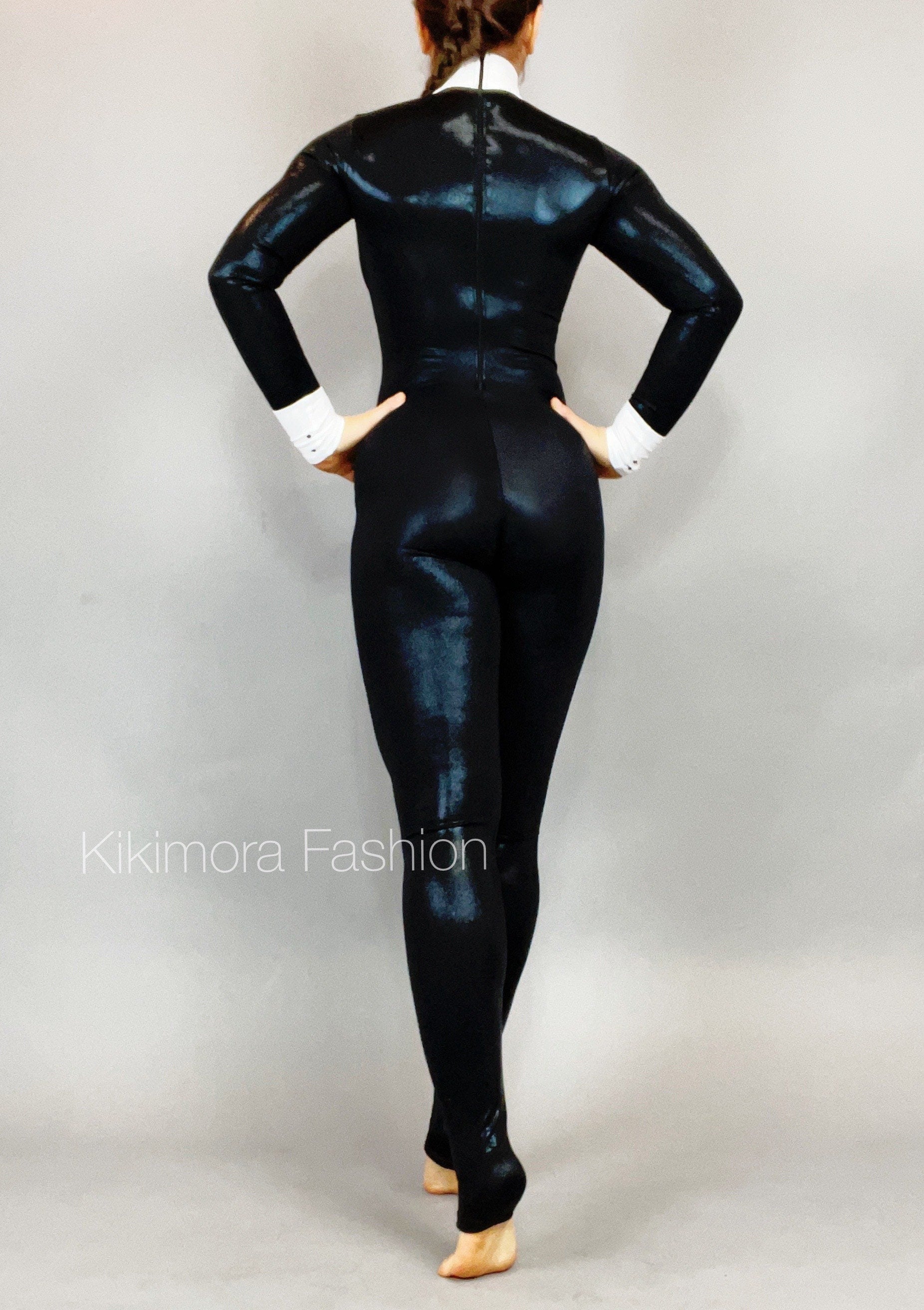 Unisex Black and White Tuxedo Catsuit, Full Sleeves Stagewear, Turtleneck, Bow