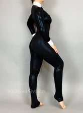 Unisex Black and White Tuxedo Catsuit, Full Sleeves Stagewear, Turtleneck, Bow