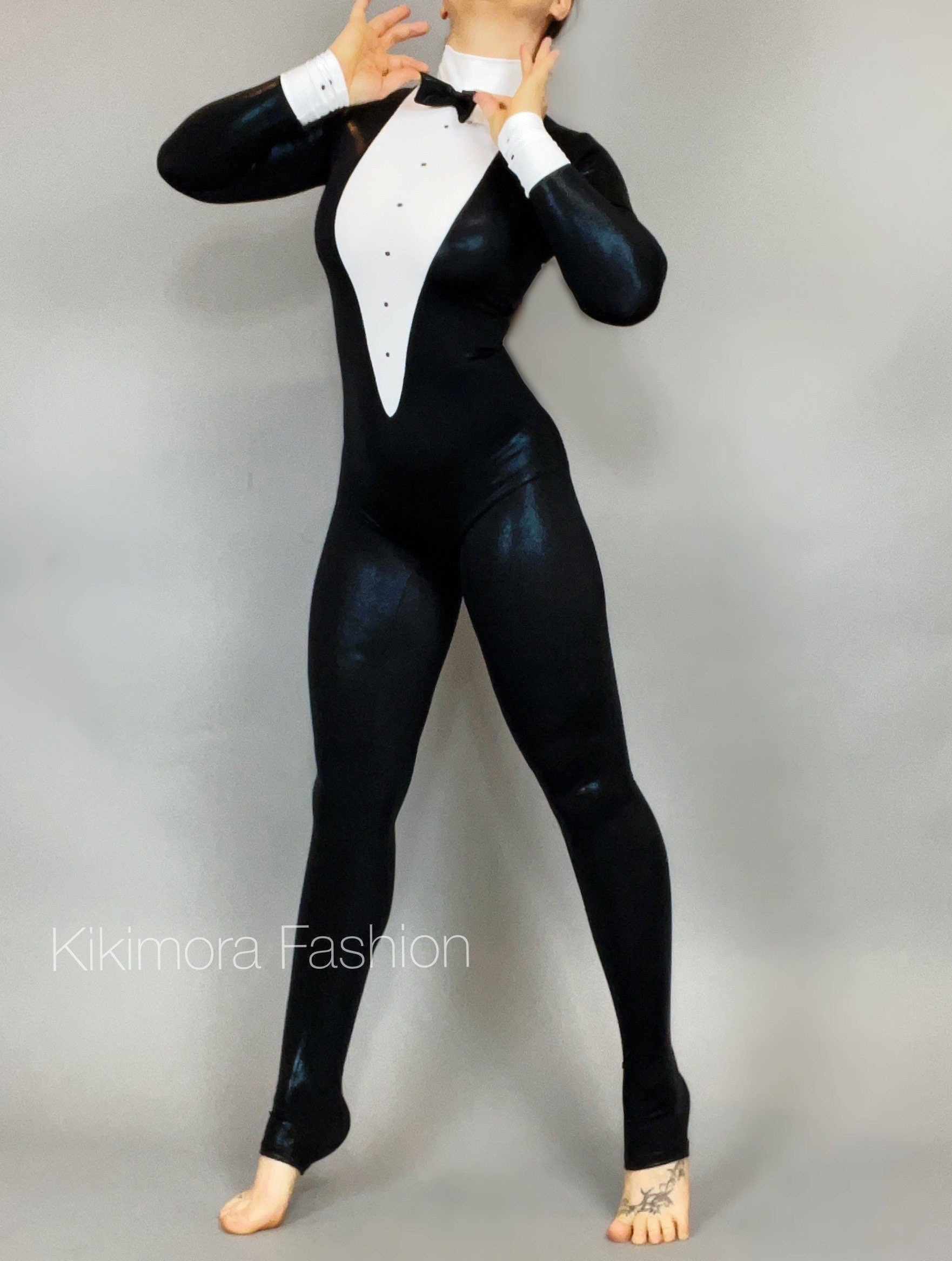 Unisex Black and White Tuxedo Catsuit, Full Sleeves Stagewear, Turtleneck, Bow