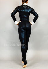 Unisex Black and White Tuxedo Catsuit, Full Sleeves Stagewear, Turtleneck, Bow