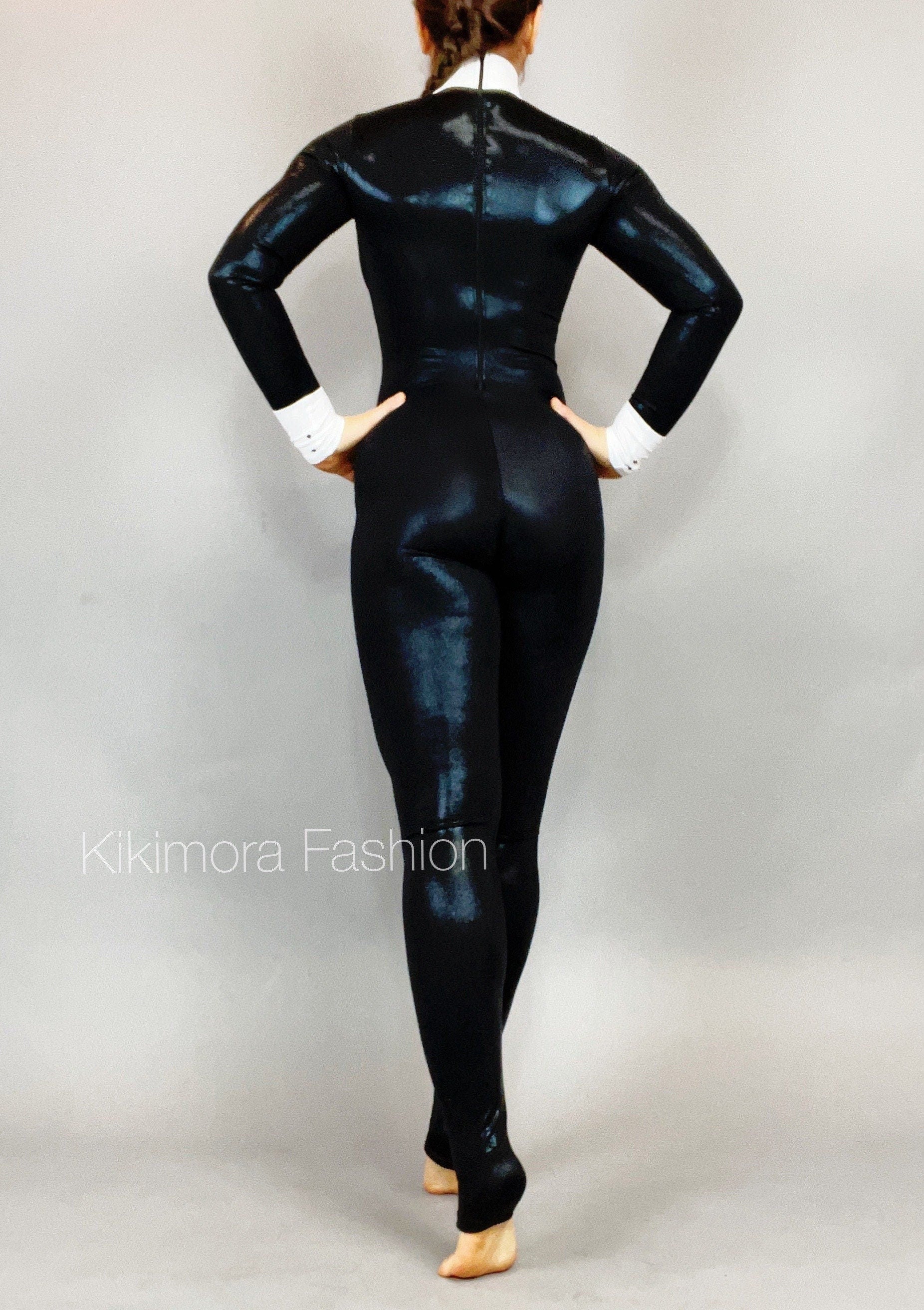 Unisex Black and White Tuxedo Catsuit, Full Sleeves Stagewear, Turtleneck, Bow
