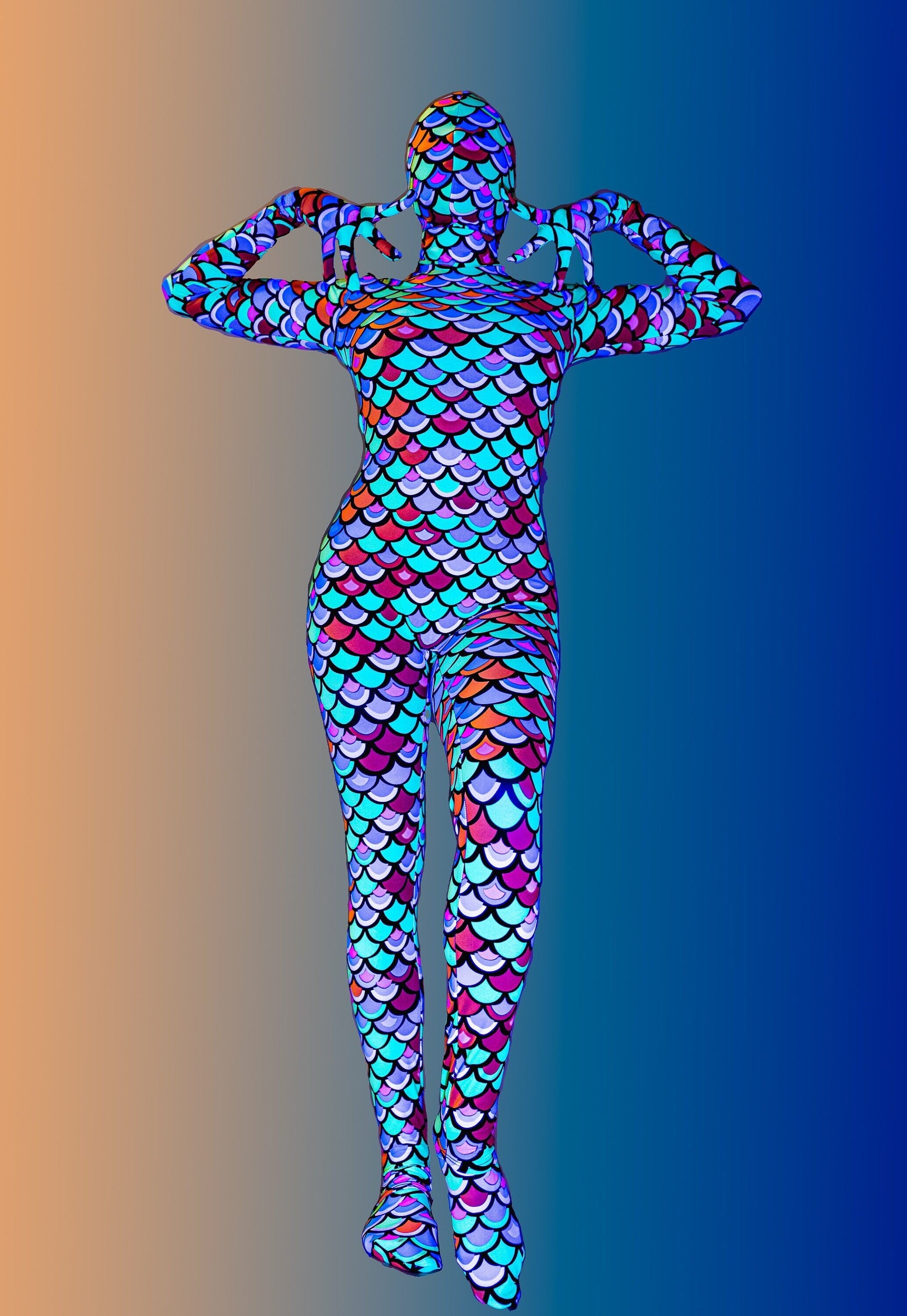 Neon Mermaid Alien Costume, Full Body Catsuit, Includes Headpiece