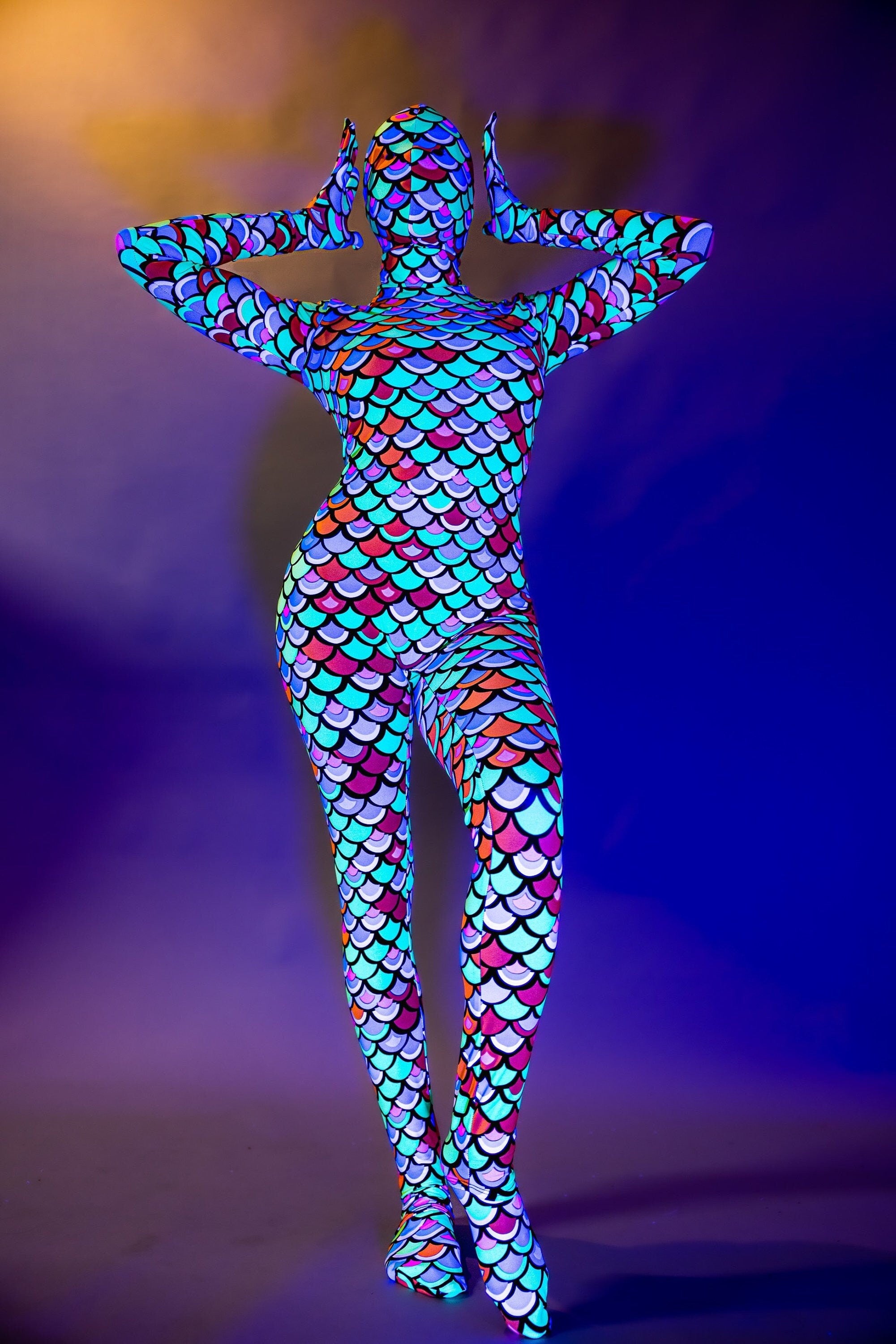 Neon Mermaid Alien Costume, Full Body Catsuit, Includes Headpiece