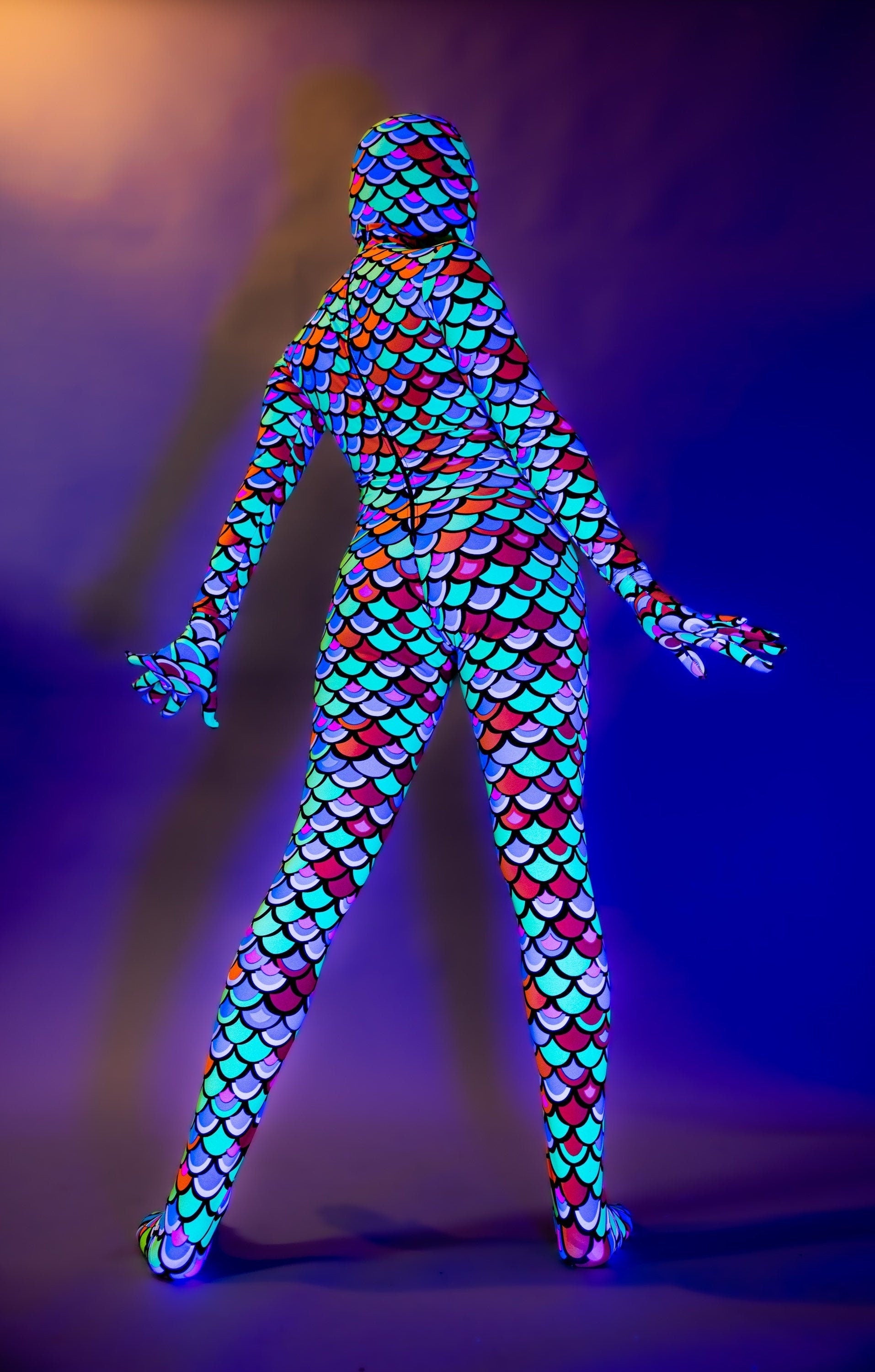 Neon Mermaid Alien Costume, Full Body Catsuit, Includes Headpiece