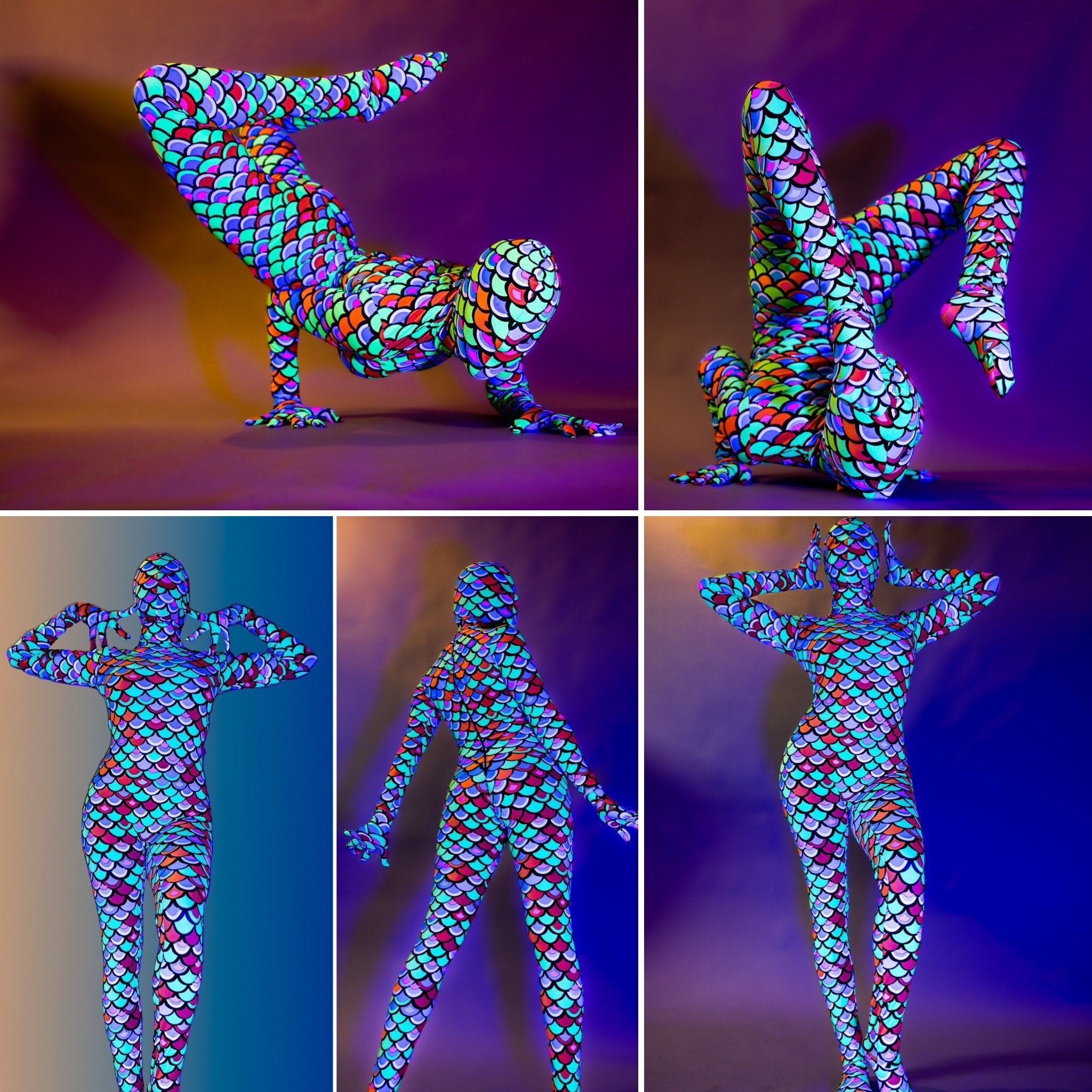 Neon Mermaid Alien Costume, Full Body Catsuit, Includes Headpiece