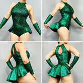 Emerald Green Leotard with Half Skirt, Halterneck, Sleeveless, Includes Hand Accessories