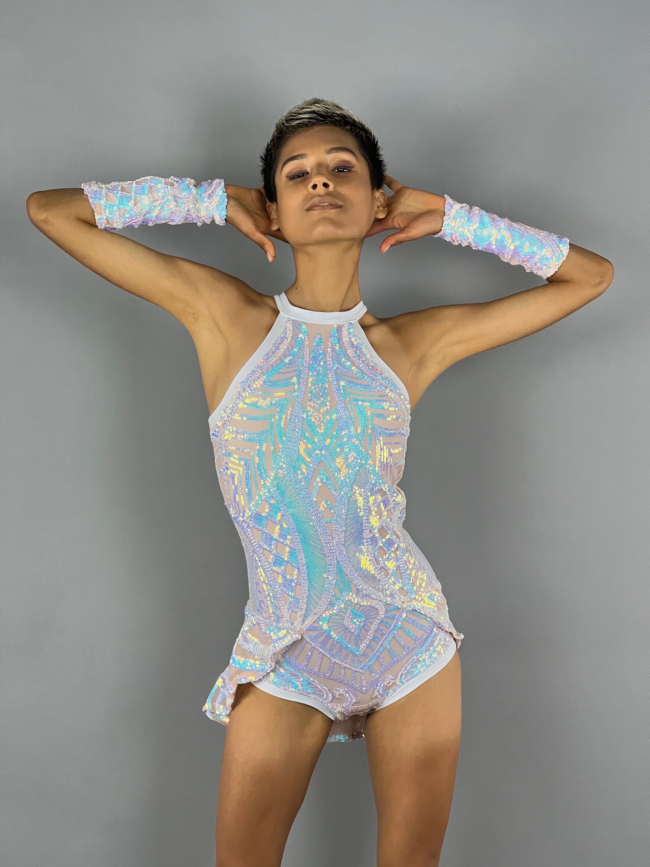 Iridescent White Sequin Leotard, Halterneck, Half Skirt, Handcuffs