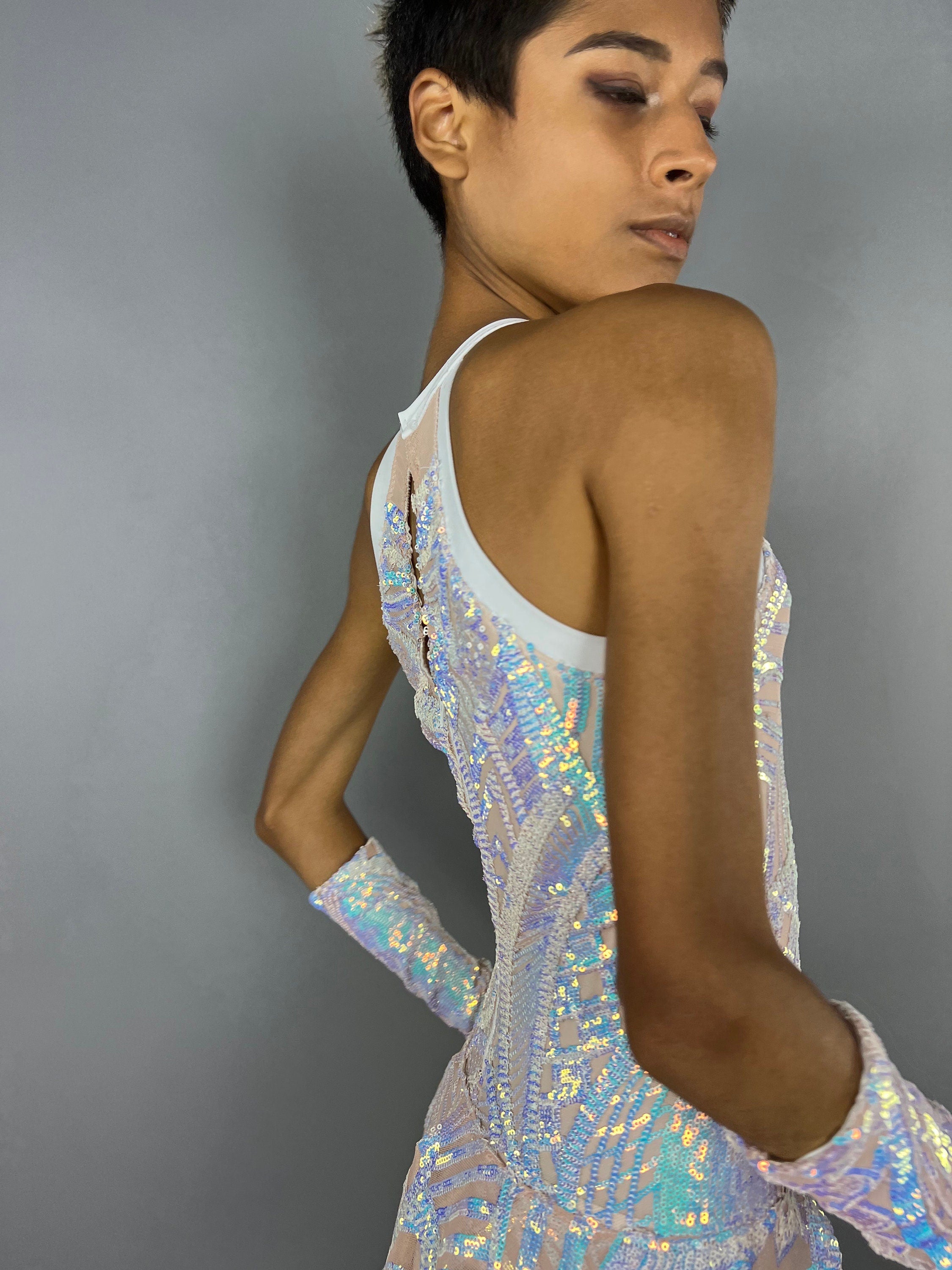 Iridescent White Sequin Leotard, Halterneck, Half Skirt, Handcuffs