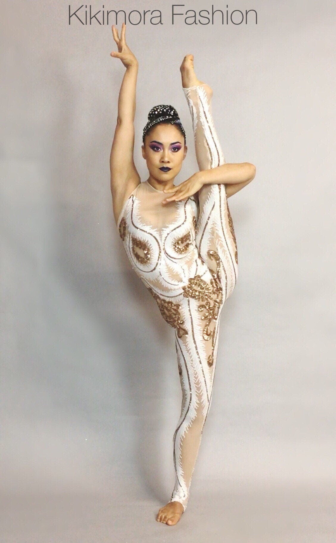 White and Gold Sequin Catsuit, Round Neck, Sleeveless