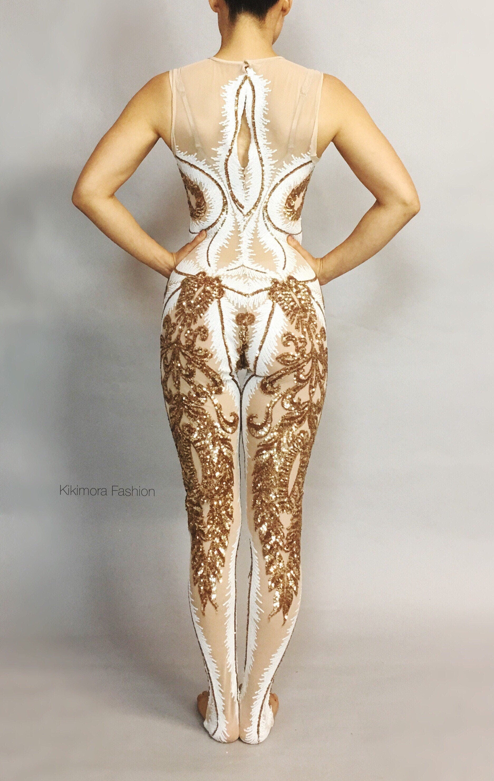 White and Gold Sequin Catsuit, Round Neck, Sleeveless