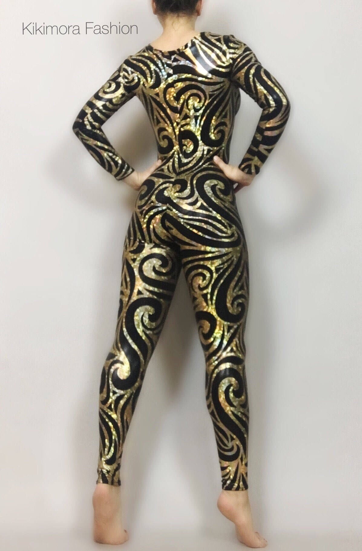 The Night Circus Black and Gold Catsuit, Full Sleeves Bodysuit, Scoop Neck