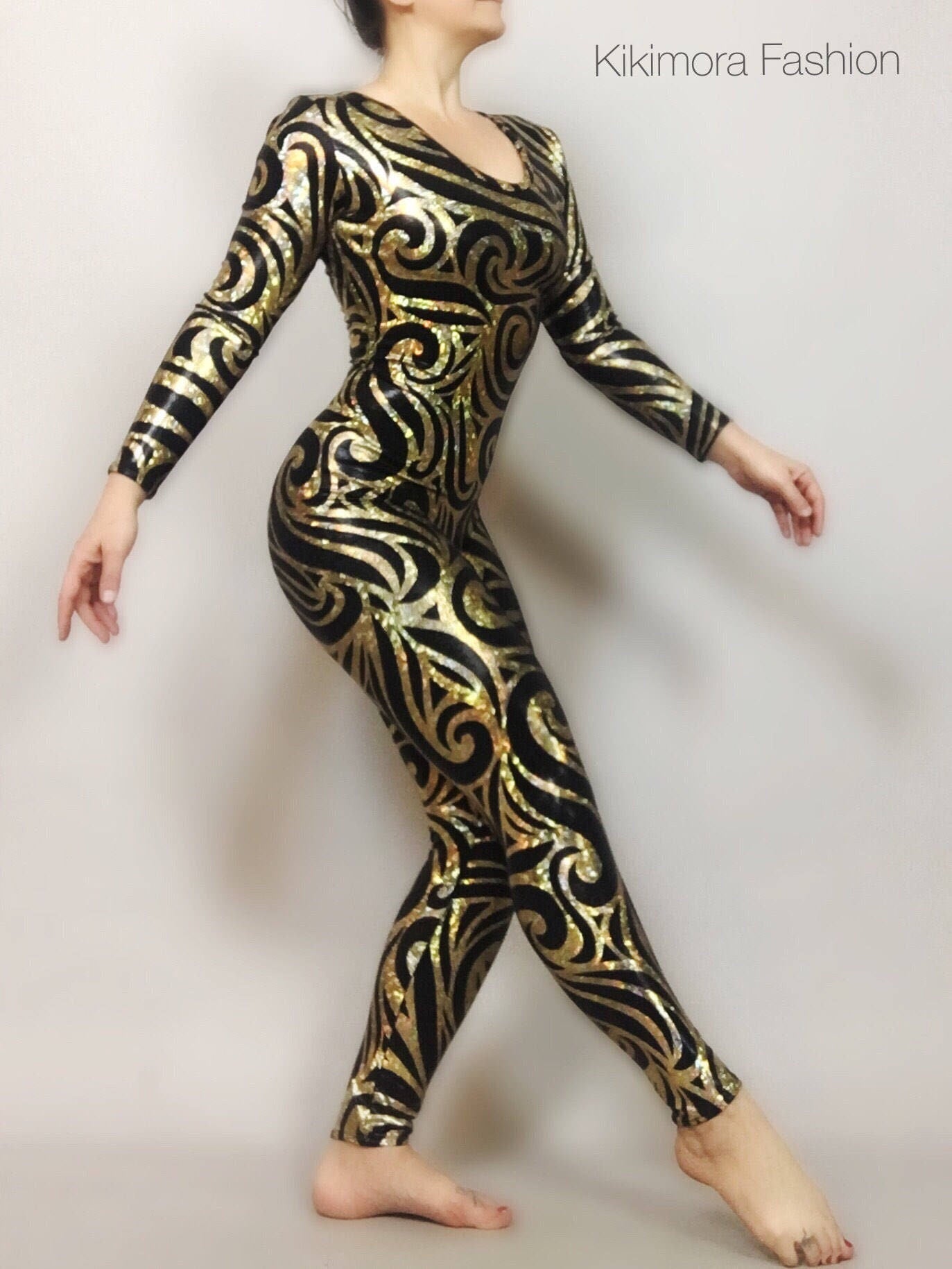 The Night Circus Black and Gold Catsuit, Full Sleeves Bodysuit, Scoop Neck