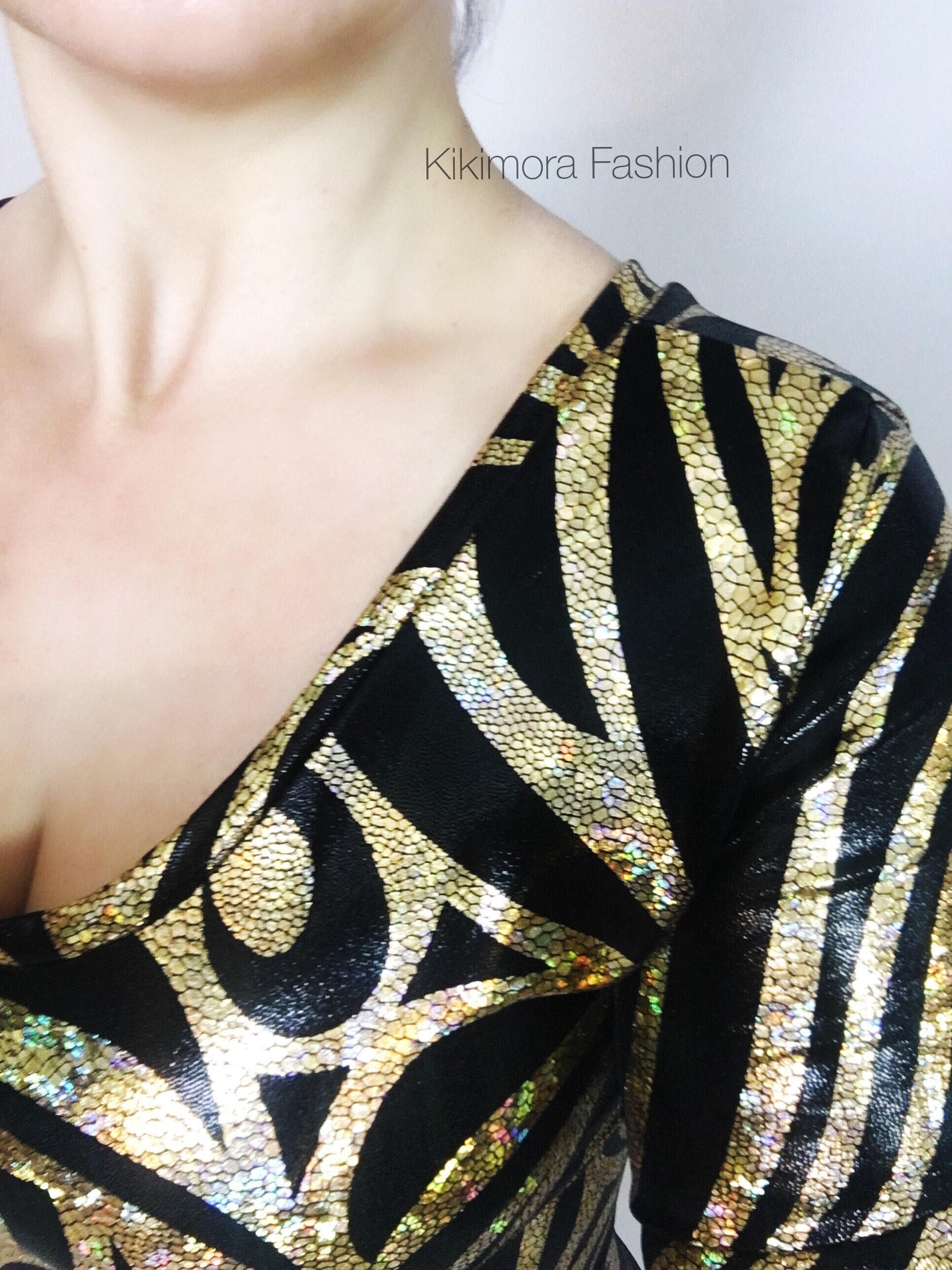 The Night Circus Black and Gold Catsuit, Full Sleeves Bodysuit, Scoop Neck