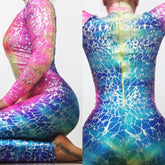 Multicolor Snake Print Catsuit Bodysuit, Full Sleeves, Turtleneck, Heel Straps
