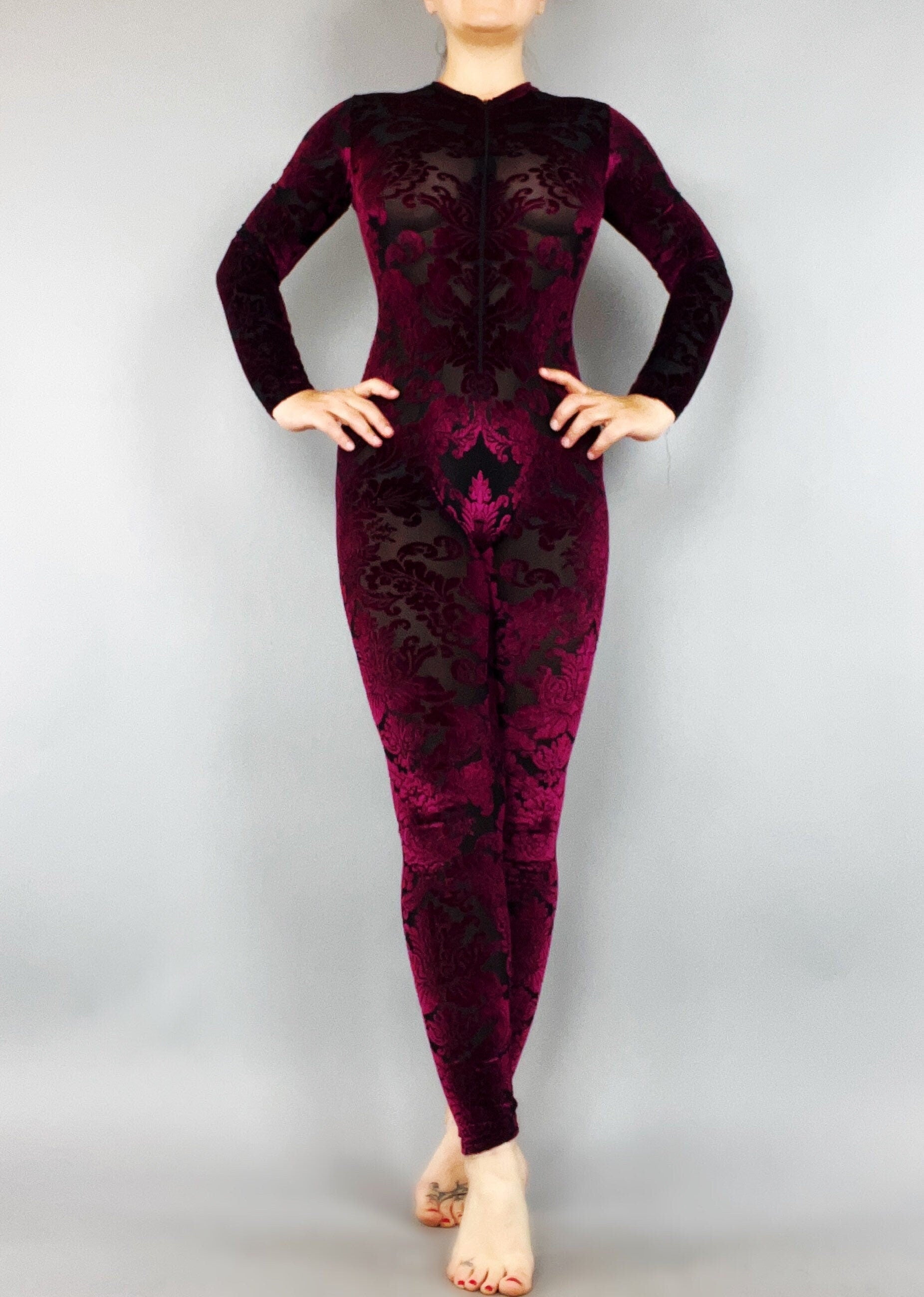 Burgundy Velvet Catsuit, Elegant Catsuit, Exotic Dancewear, Sheer Clothing
