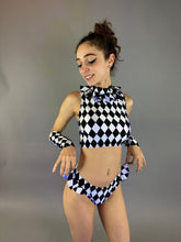 Black and White Diamond Crop Top and Bottom Set, Open Back Design, Includes Handcuffs