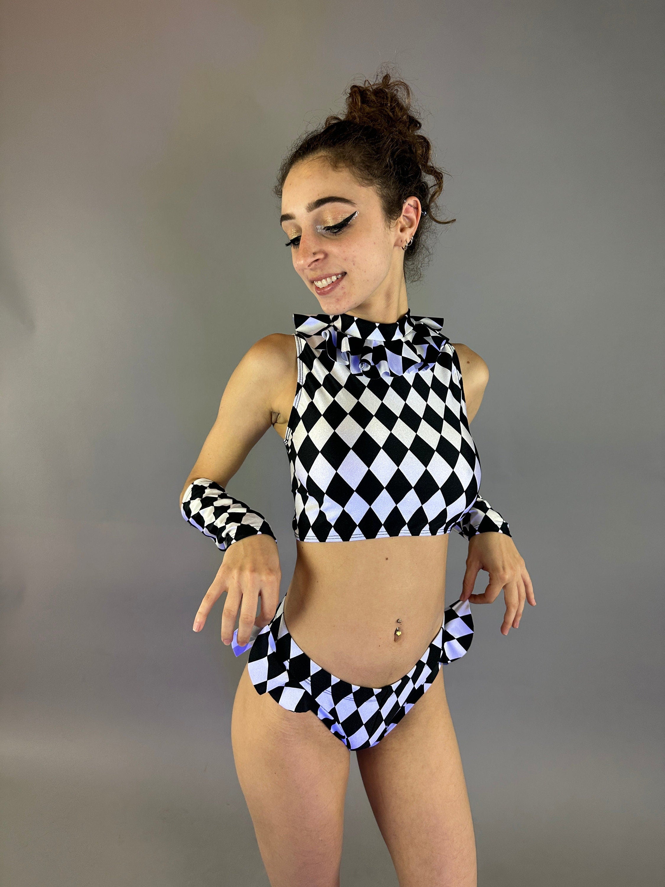 Black and White Diamond Crop Top and Bottom Set, Open Back Design, Includes Handcuffs
